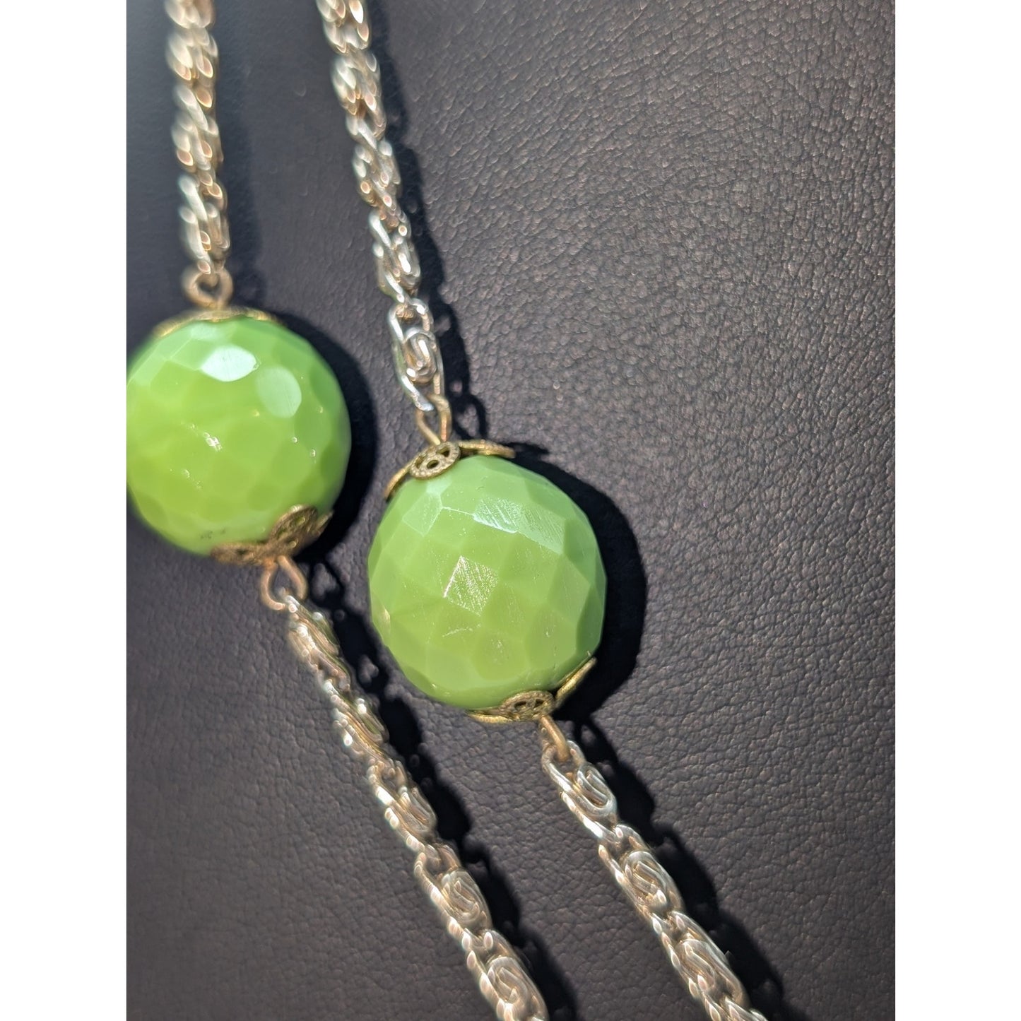 Vintage Gold Tone 46" Long Strand Chain Spring Green Czech Glass Bead Necklace