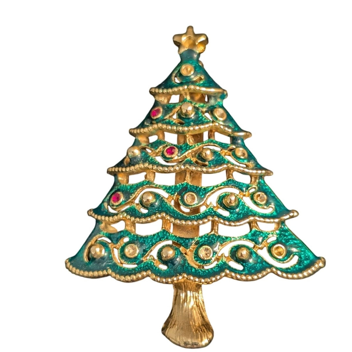 Vintage Green Enamel Gold Tone Christmas Tree Brooch
