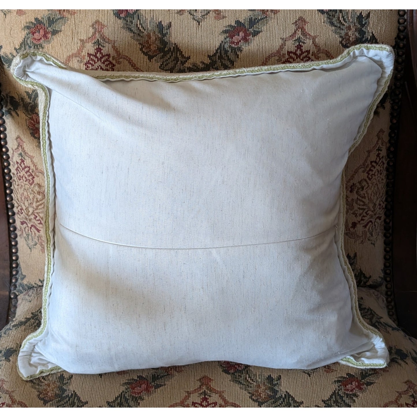 Green Chenille Jute Braided Trim Linen Look Zippered Back Feather Fill Pillow