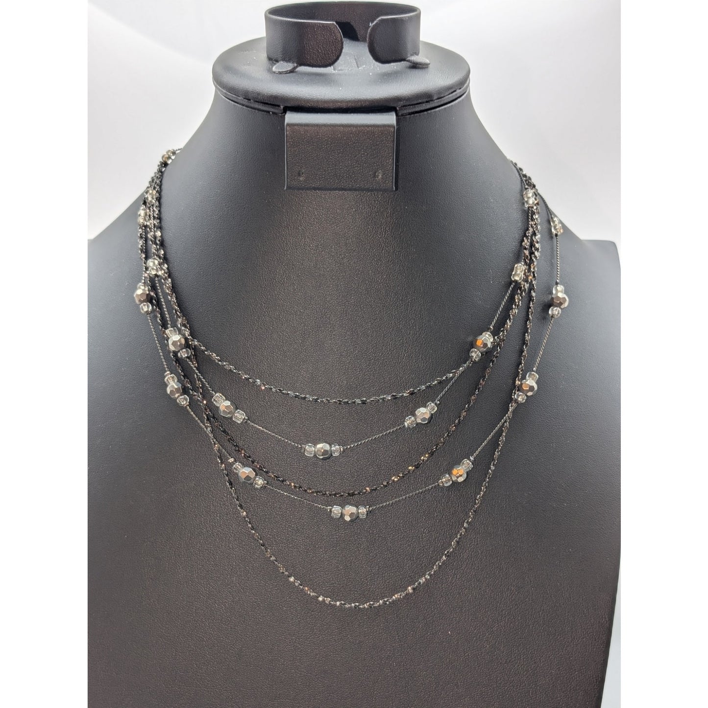 Gun Metal Metallic Clear Bead Five Multi-Strand Chain 15.75"-18" Necklace