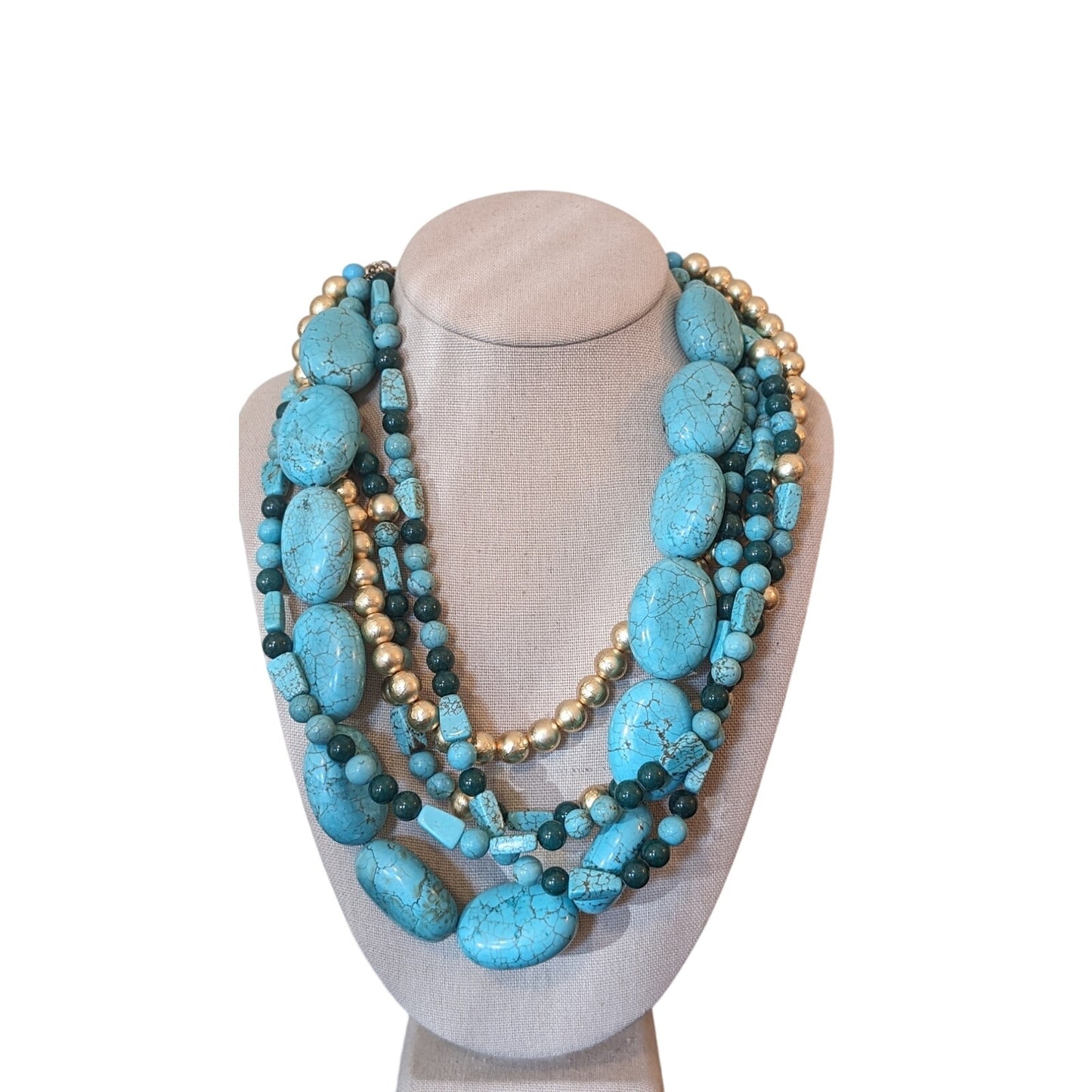 Chunky Blue Green Stone Gold Bead Multi-Strand Heavy Statement Necklace