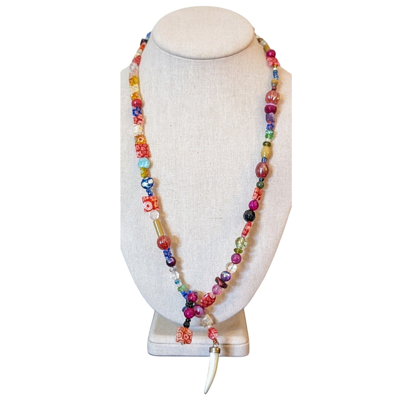 Millefiori Venetian & Murano Glass Bead Wrap Necklace W/ MOP Horn Pendant