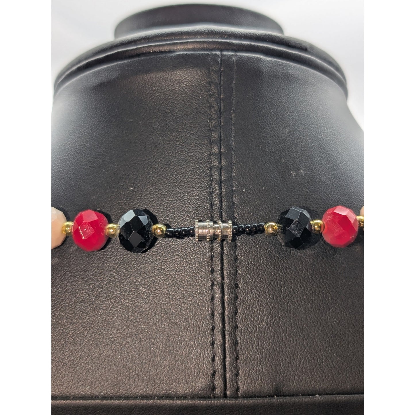 Vintage Red White Black Glass Czech Faceted Bead Gold Tone Bead 20.5" Necklace