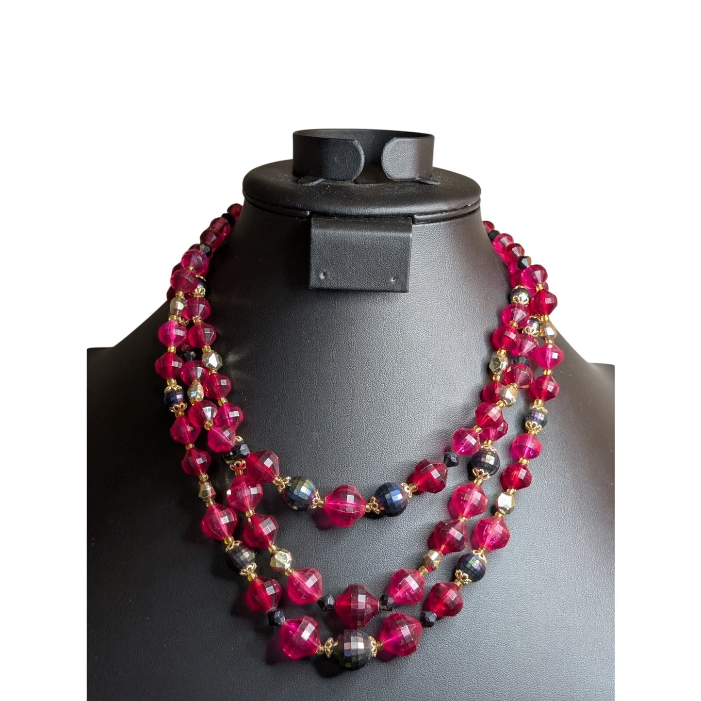 VTG Signed Western Germany Pink Gray Faceted Three Strand Acrylic Bead Necklace