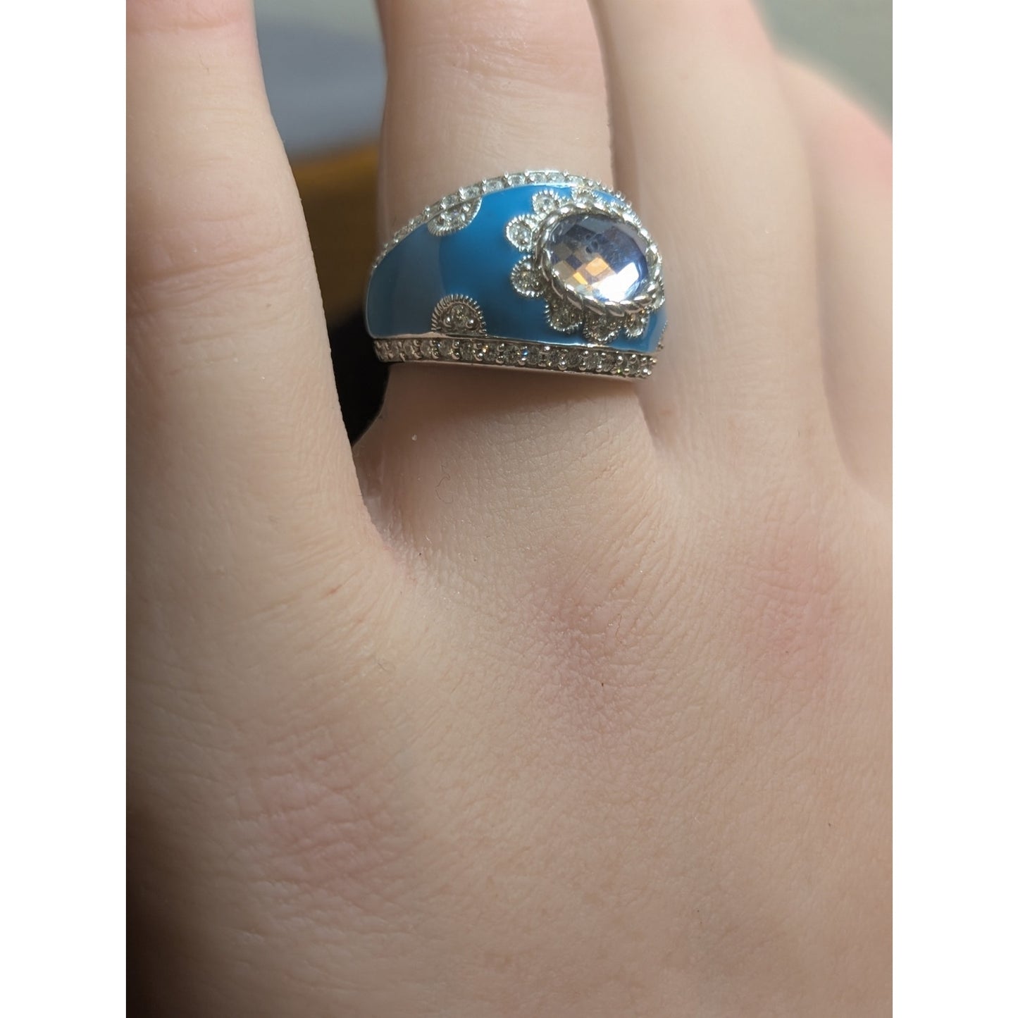 Judith Ripka Aqua Enamel Blue Spinel CZ 925 Sterling Cigar Band Ring Sz 5.75