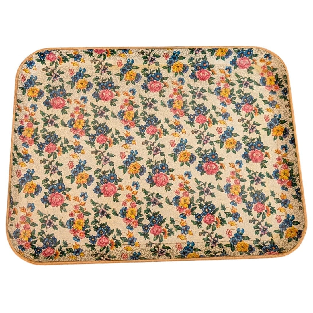 Vintage 50s Japanese Paper Mache Highmount Lacquer Floral Gilt Trim 14X10 Tray