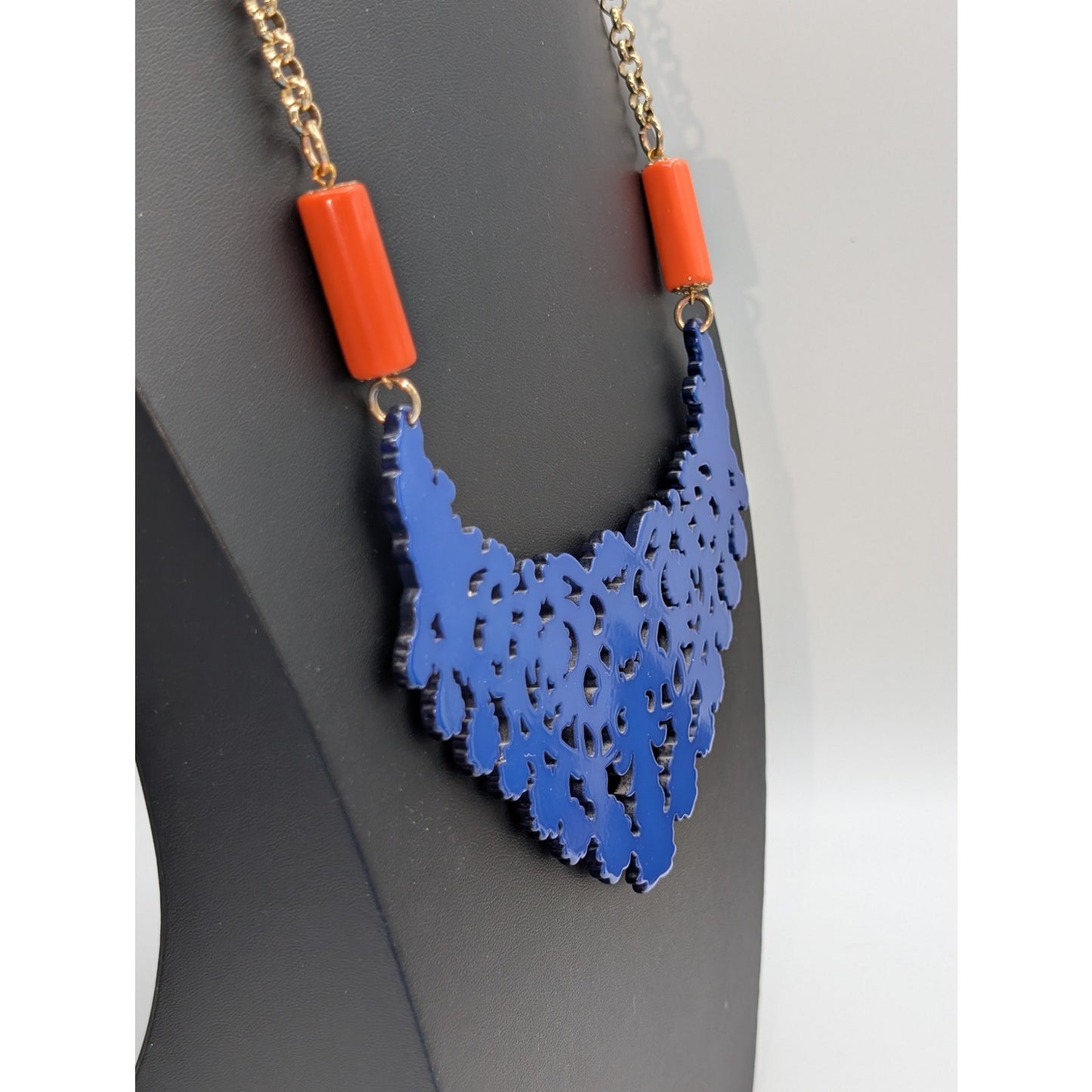 Zenzii Blue Orange Gold Tone Laser Cut Heavy Acrylic Lace Bib Statement Necklace