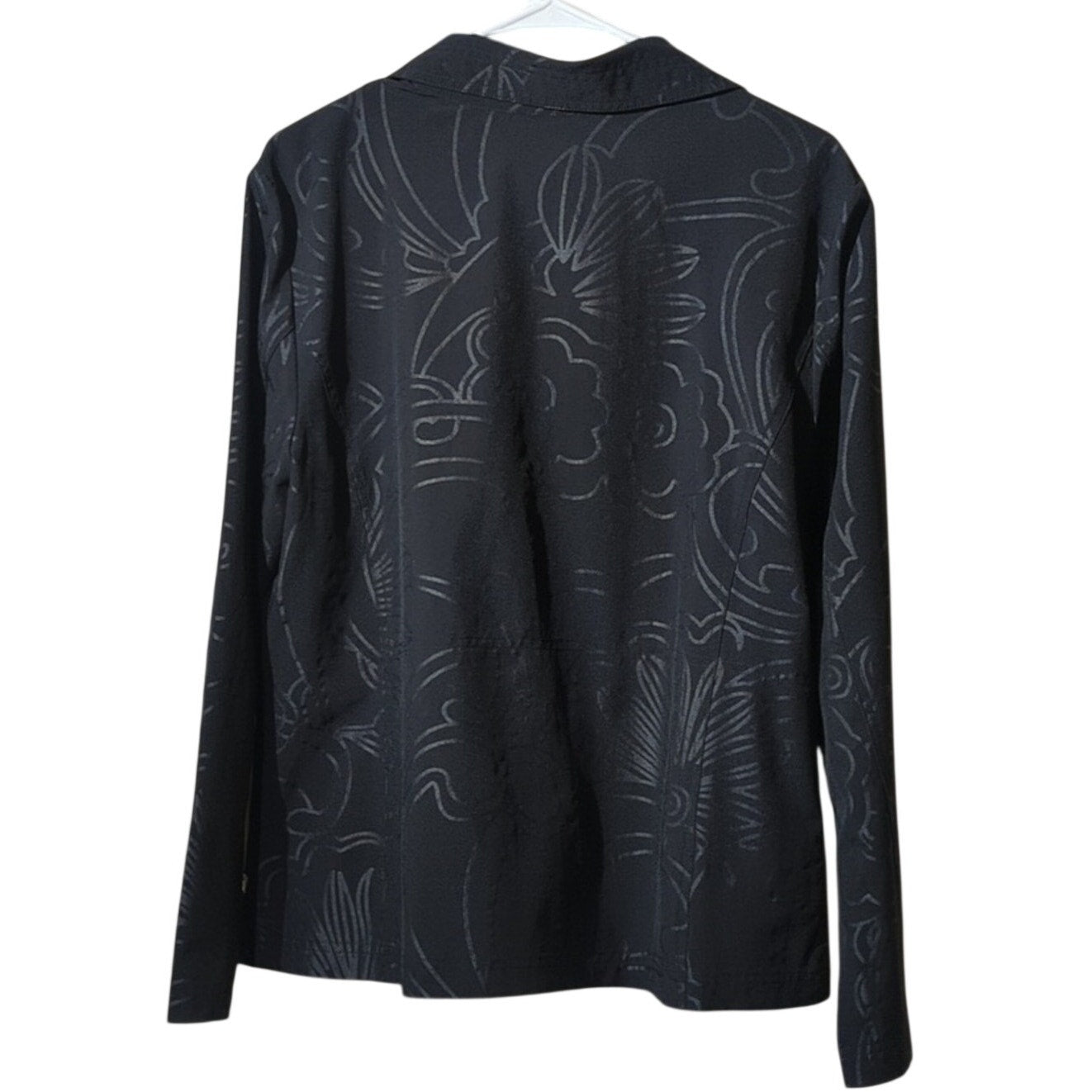 Zenergy by Chico Lightweight Black Floral Print Zip Up Pocket Jacket Sz 2 (L 12)