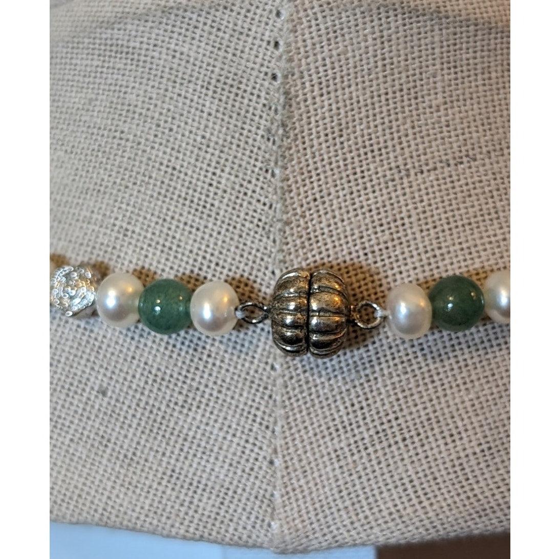 Crysocolla, Nephrite and Pearl Beaded Necklace W/ Magnetic Clasp Closure