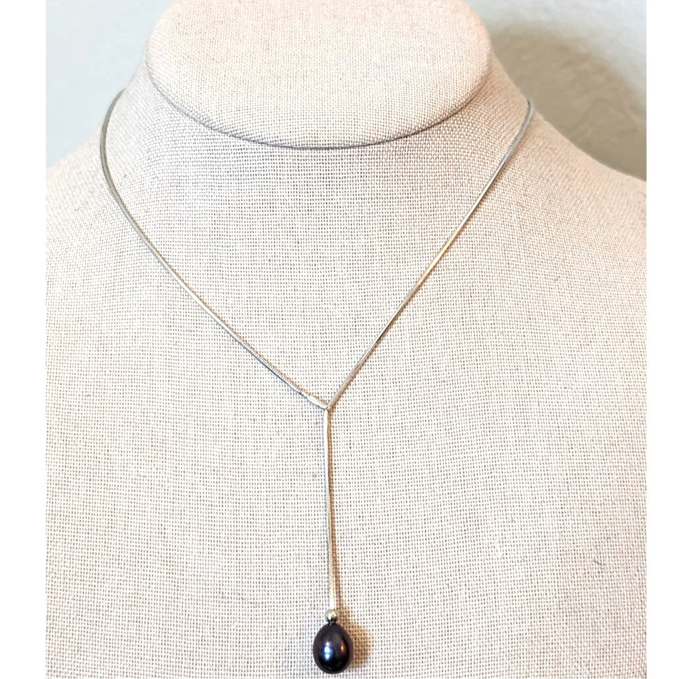 Teardrop Black Pearl 925 Sterling Lariat Necklace