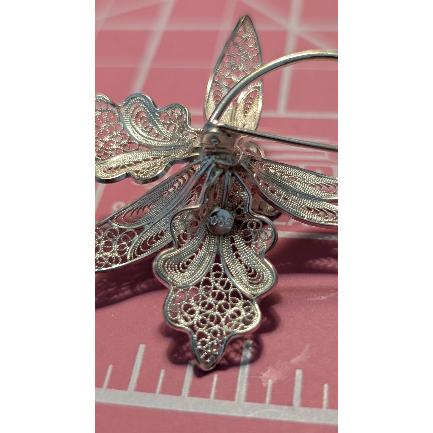 Vintage 900 Silver Italian Filigree Tourmaline Center Orchid Brooch/Pin
