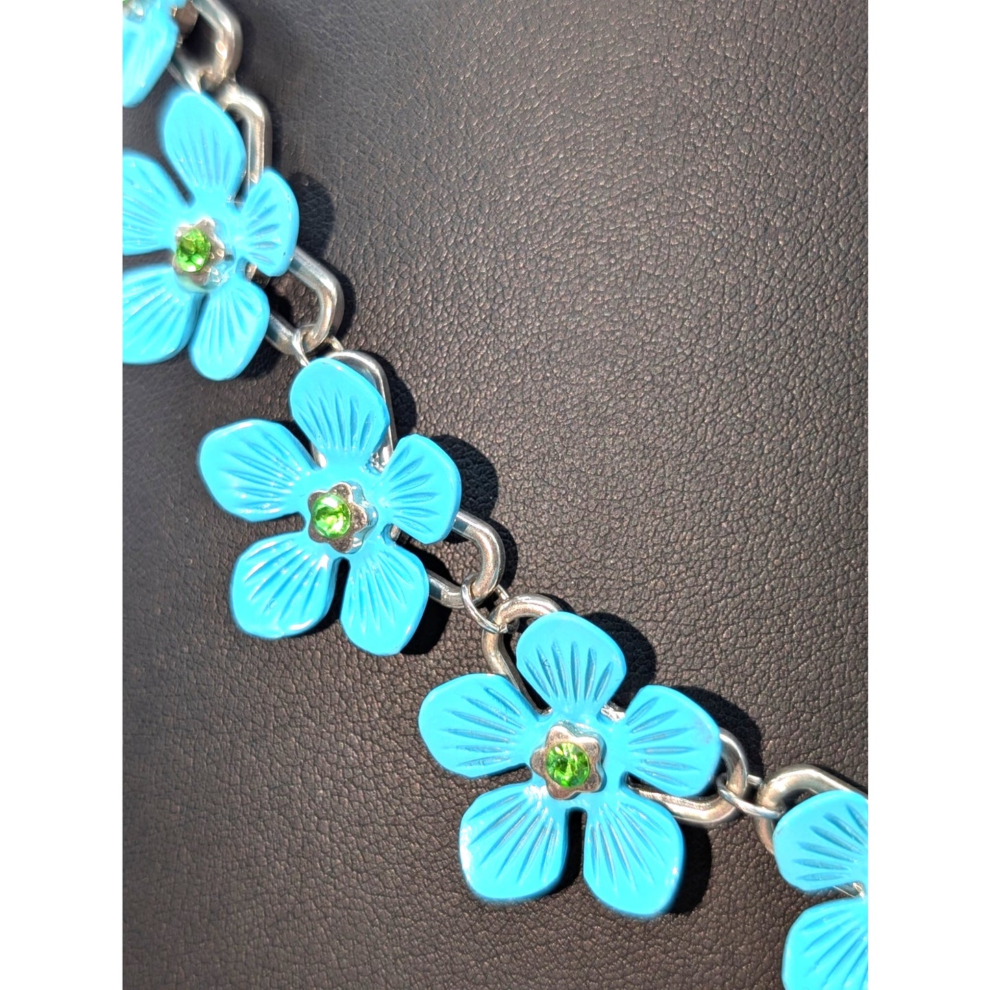 Nine Blue Metal Green Crystal Flowers on Silver Tone Chain 18"-21" Necklace