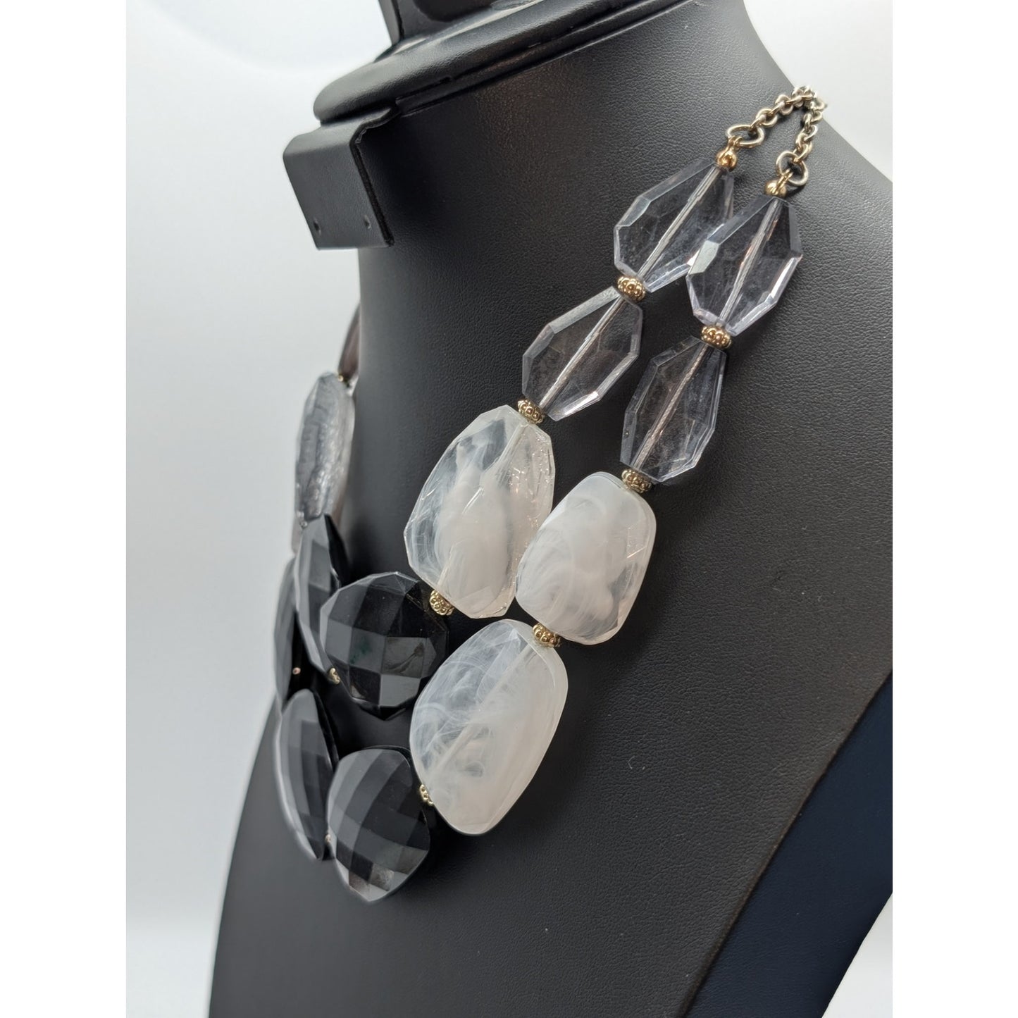 Double Strand Chunky Lg Faceted Black Gray White Acrylic Bead 16"-19" Necklace