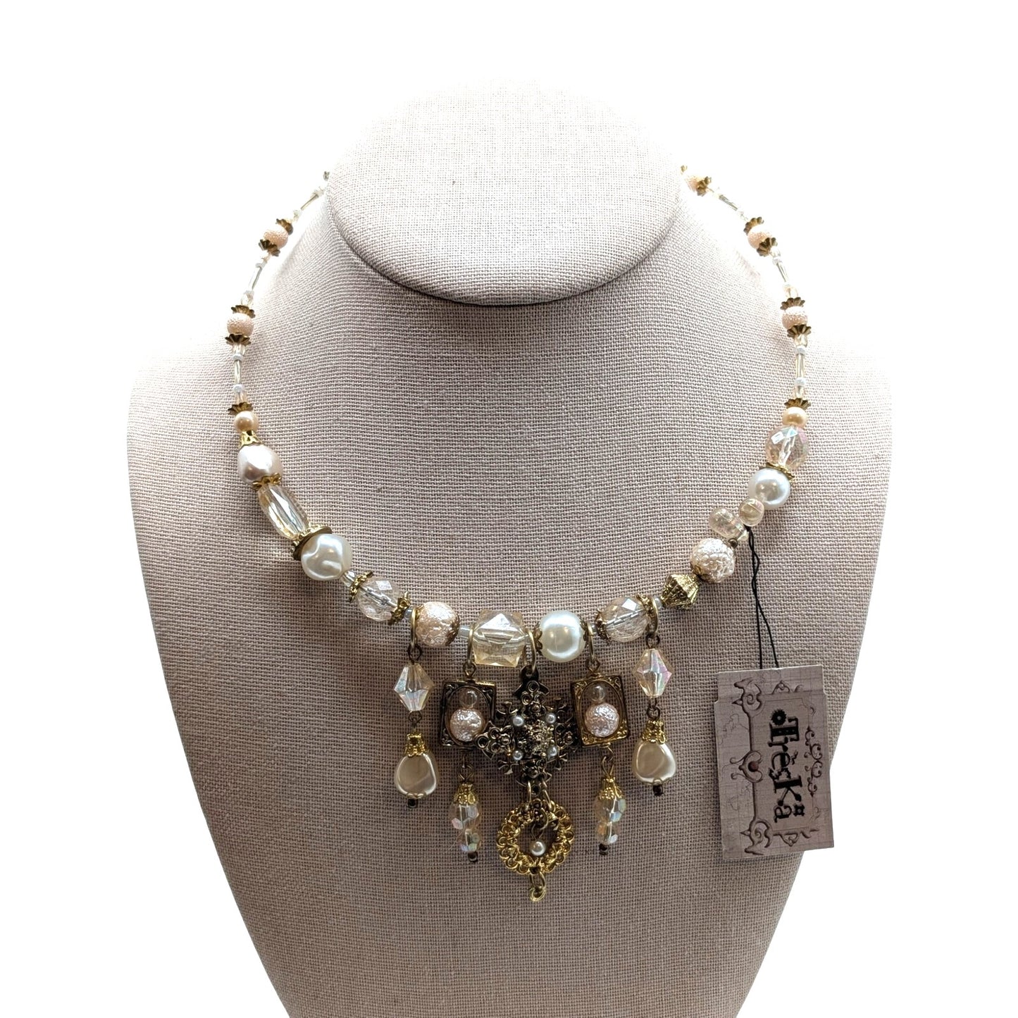 Treska Pearl Dangle Gold Tone Bead Wire Wrap Choker Necklace NWT