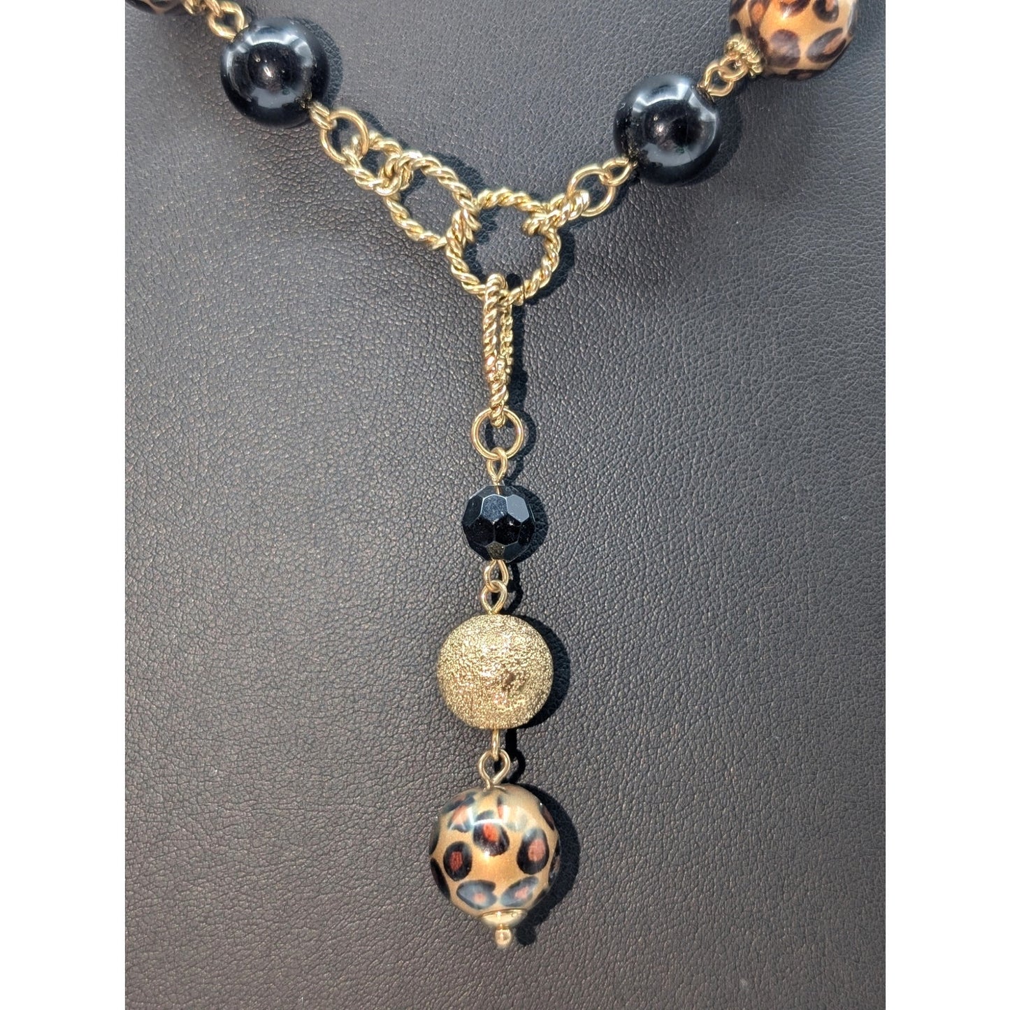 Gold Tone Animal Print Black Gold Textured Bead Y-Drop 16.5"-19.5" Necklace