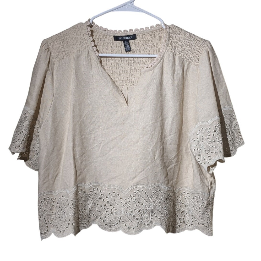Ellen Tracy Ecru Linen Blend Smock Back Hem & Sleeve Trimmed V-Neck Crop Top L