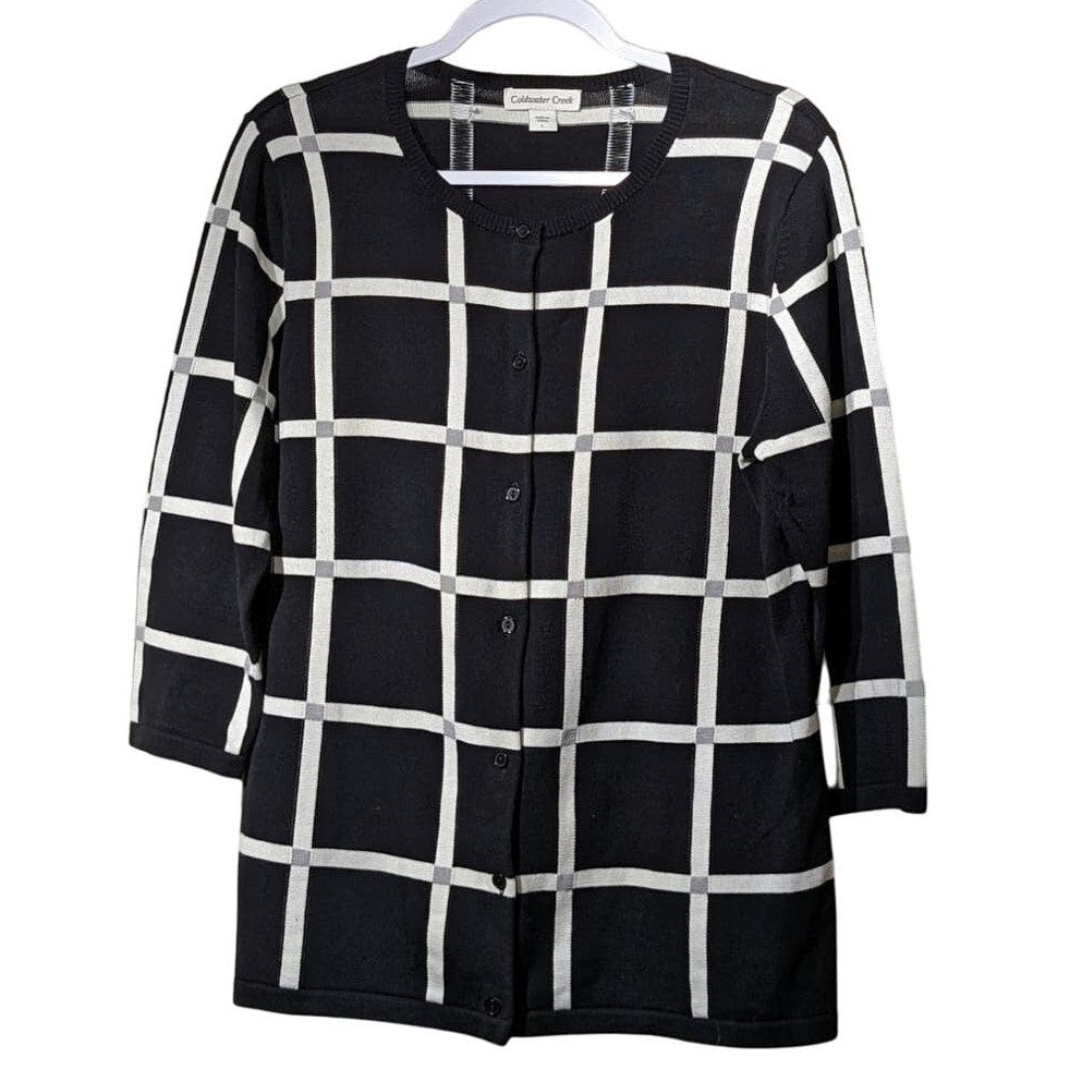 Coldwater Creek Black Cream Gray Plaid 3/4 Length Sleeve Cardigan Womens Sz L