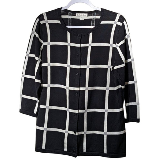 Coldwater Creek Black Cream Gray Plaid 3/4 Length Sleeve Cardigan Womens Sz L