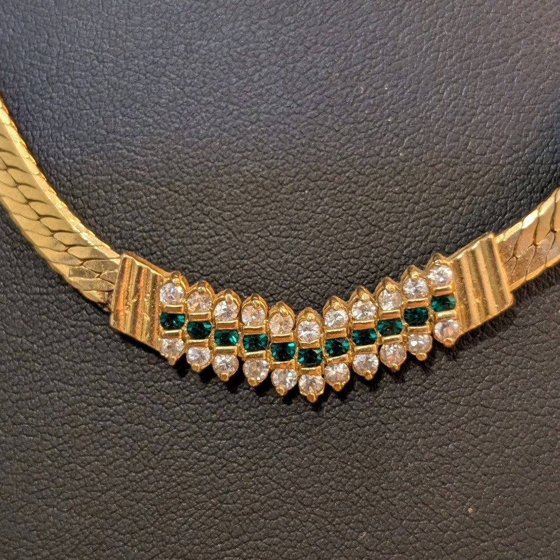 Vintage Gold Tone Herringbone Green Rhinestone 'V' Necklace Foldover Clasp