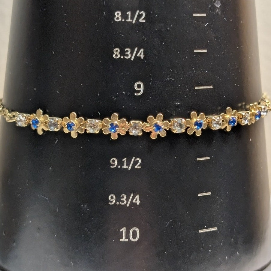 VTG Avon Delicate Blue Clear Crystal Floral Gold Tone Adjustable Ankle Bracelet