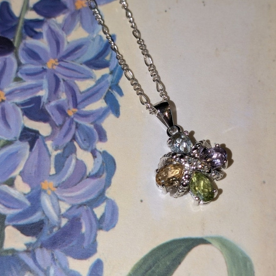 Vintage 925 Sterling Silver 4 Oval Gemstone & Diamond Figaro Chain Necklace