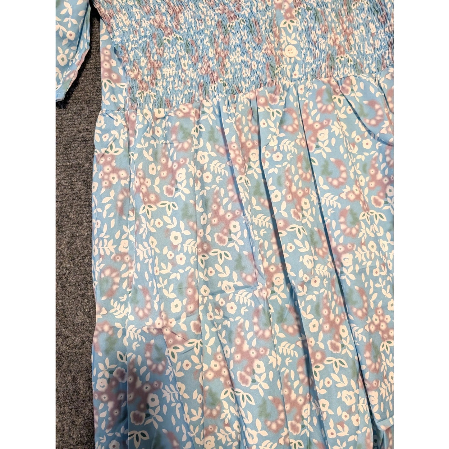 Made With Love Blue Lavender Floral Smock Bodice Short Sleeve NWT Dress Sz L