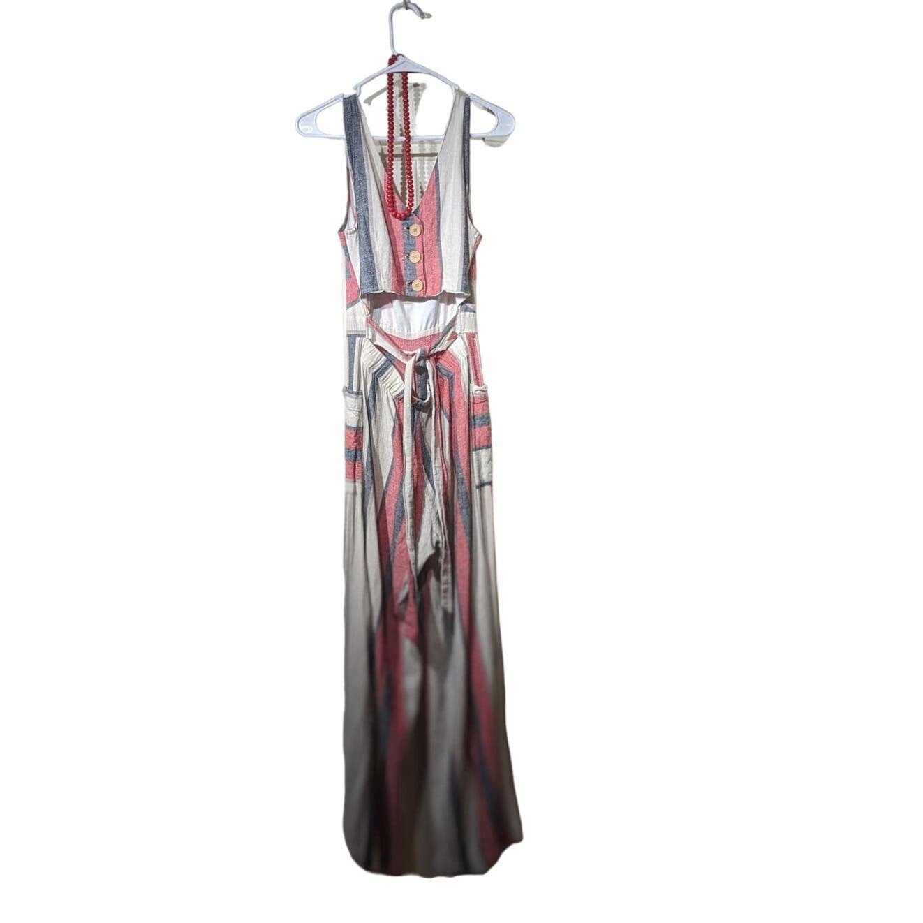 Indigo Rein Linen Blend Stripe Cut Out Tie Back Jumpsuit Womens Sz M