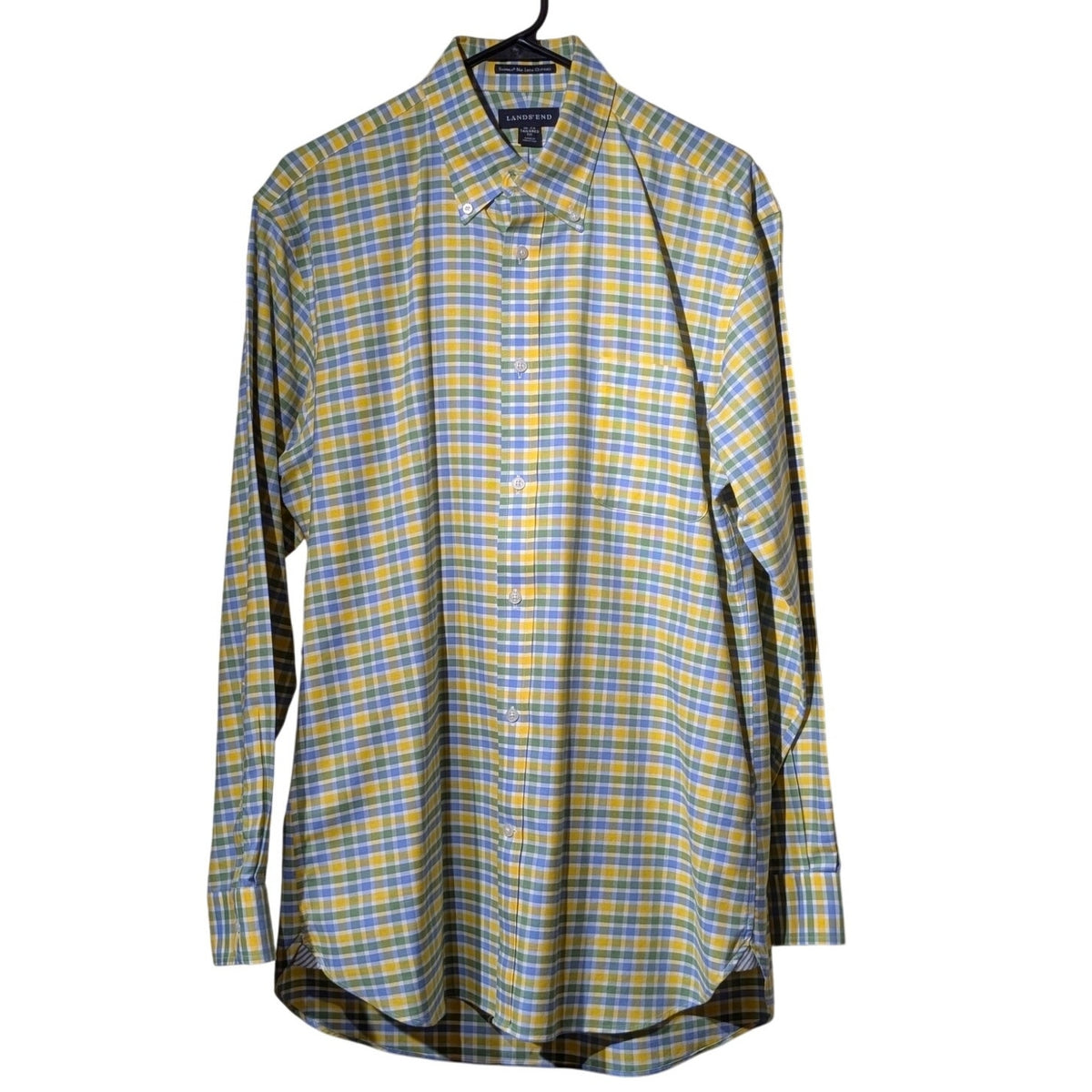 Lands' End Yellow Plaid Tailored Fit Supima Cotton No Iron Oxford Shirt Sz 16-34