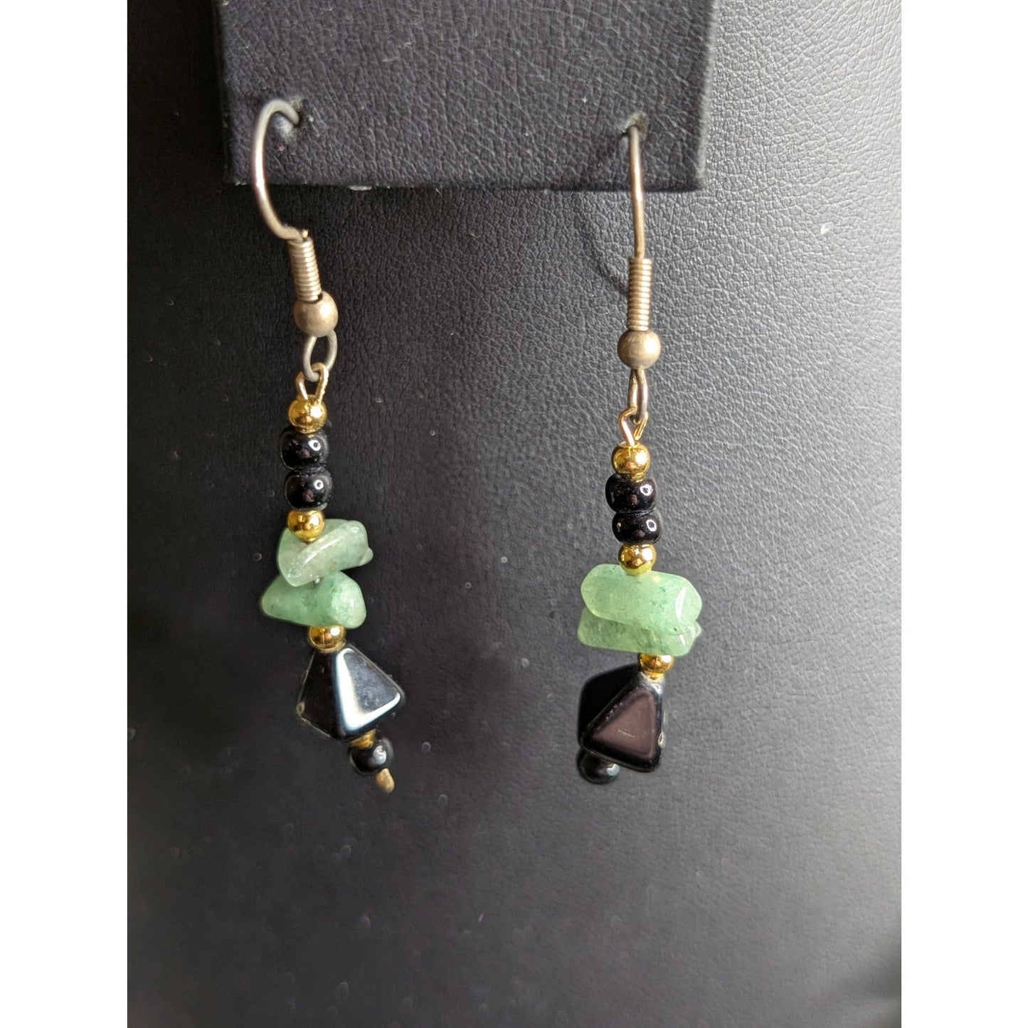 Lot of Two Vintage Green, Black & Gold Tone Beaded Necklaces & Matching Earrings