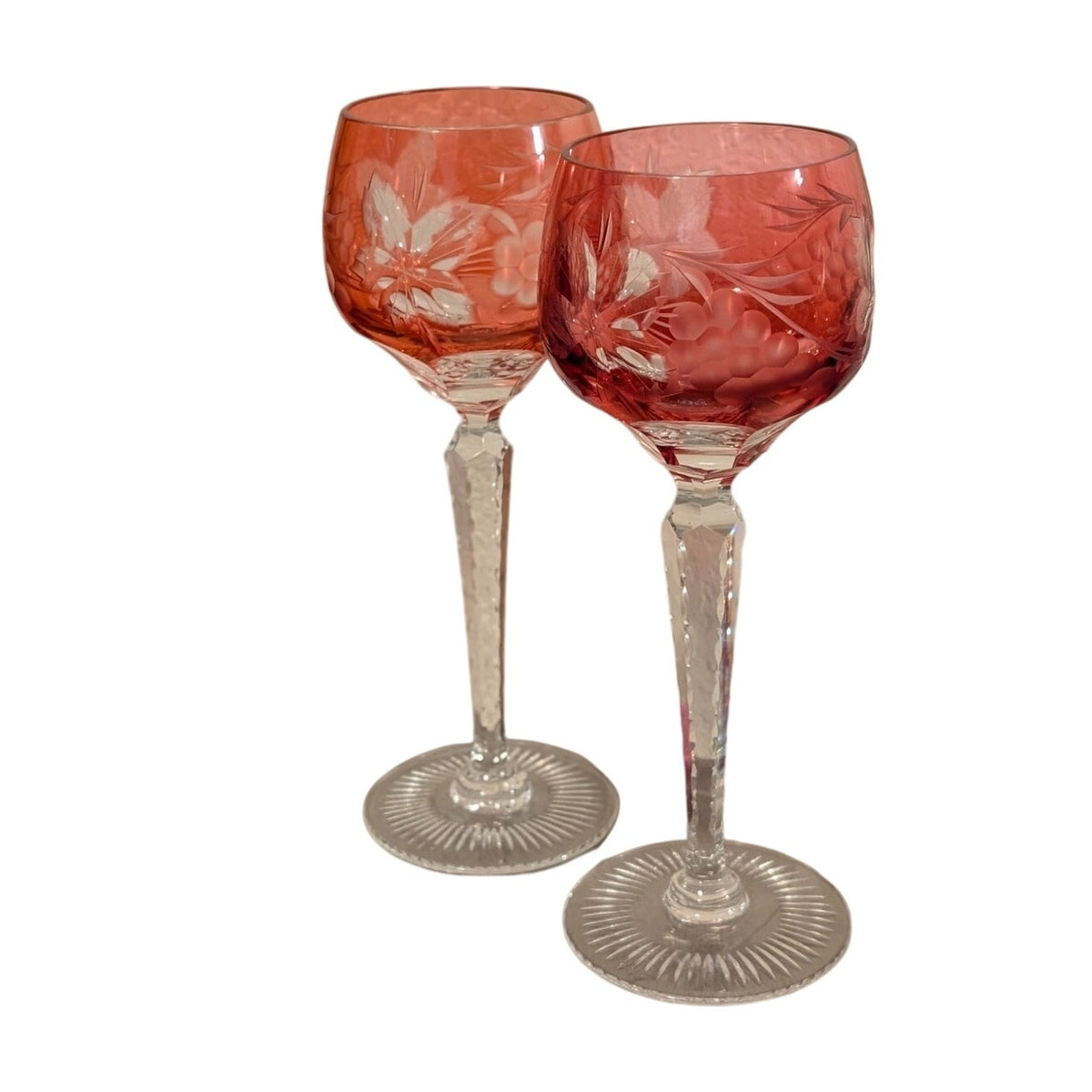 Vtg Two Czech Bohemian Red Cut to Clear Crystal Grapes Design Wine Stem Goblets