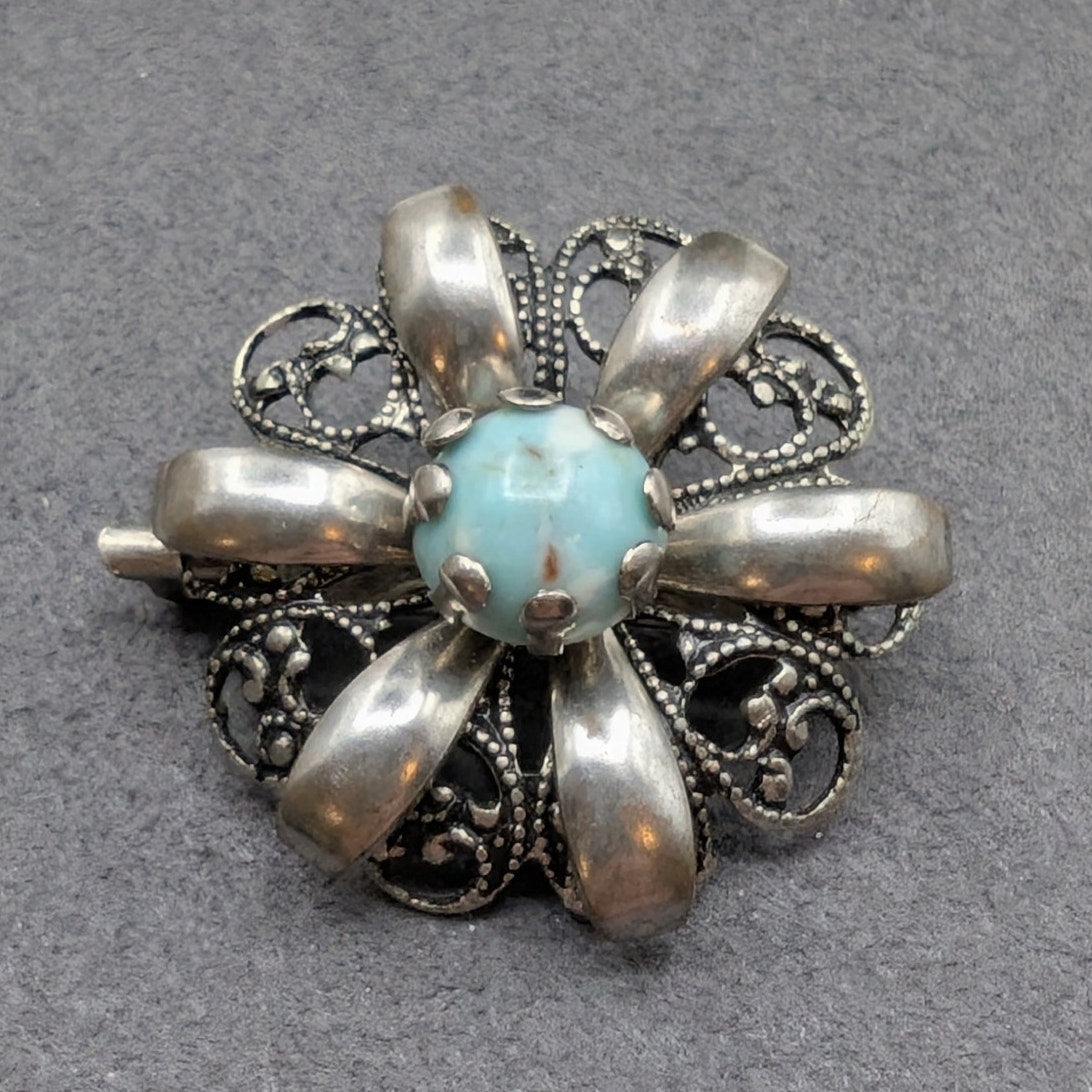 Vintage 40's Turquoise Czech Glass Filigree Silver Tone Brooch