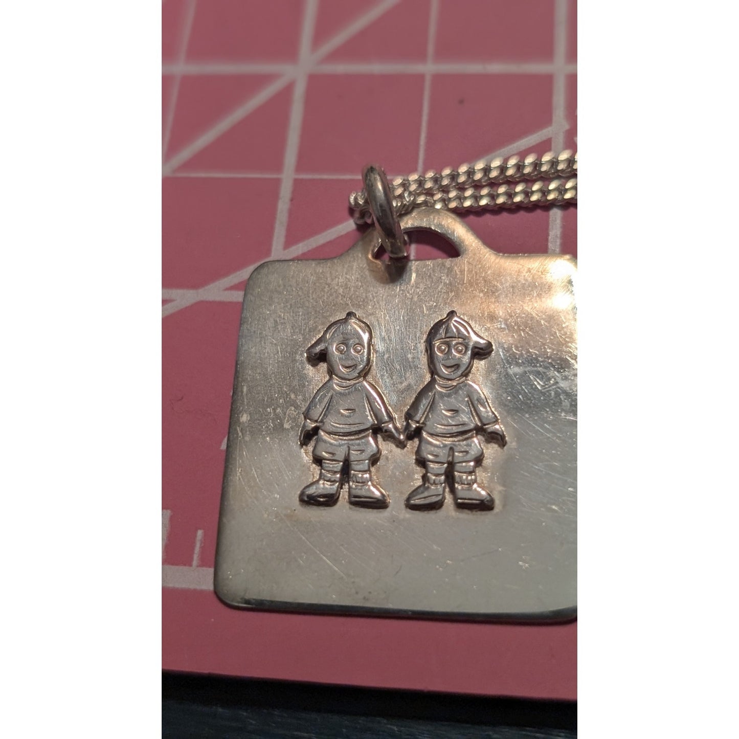 Vintage 1970s Solid Sterling Silver Two Boys Pendant 20" Necklace