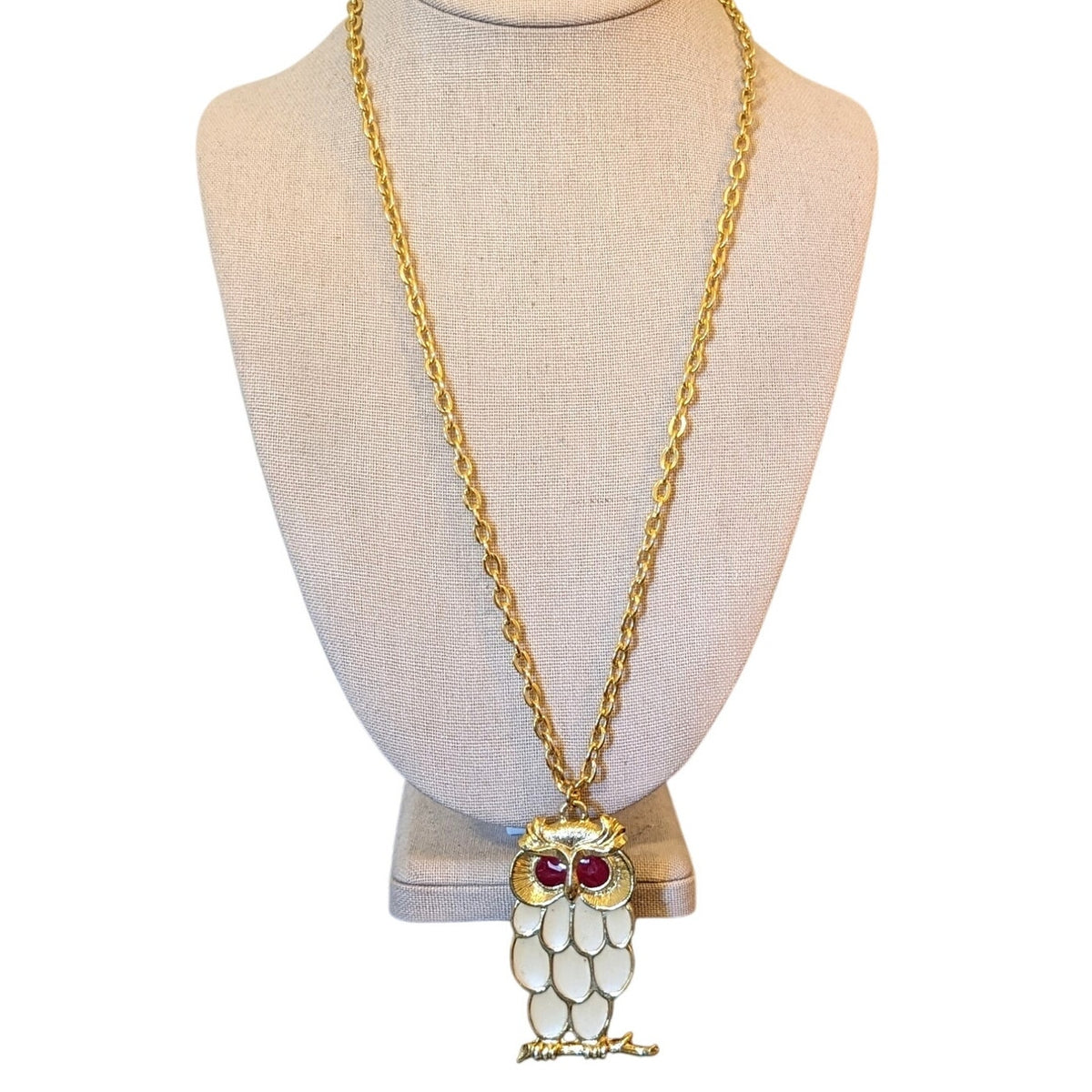 Sir R Cream Enamel Red Rhinestone Eyes Gold Tone Owl Pendant 24" Necklace