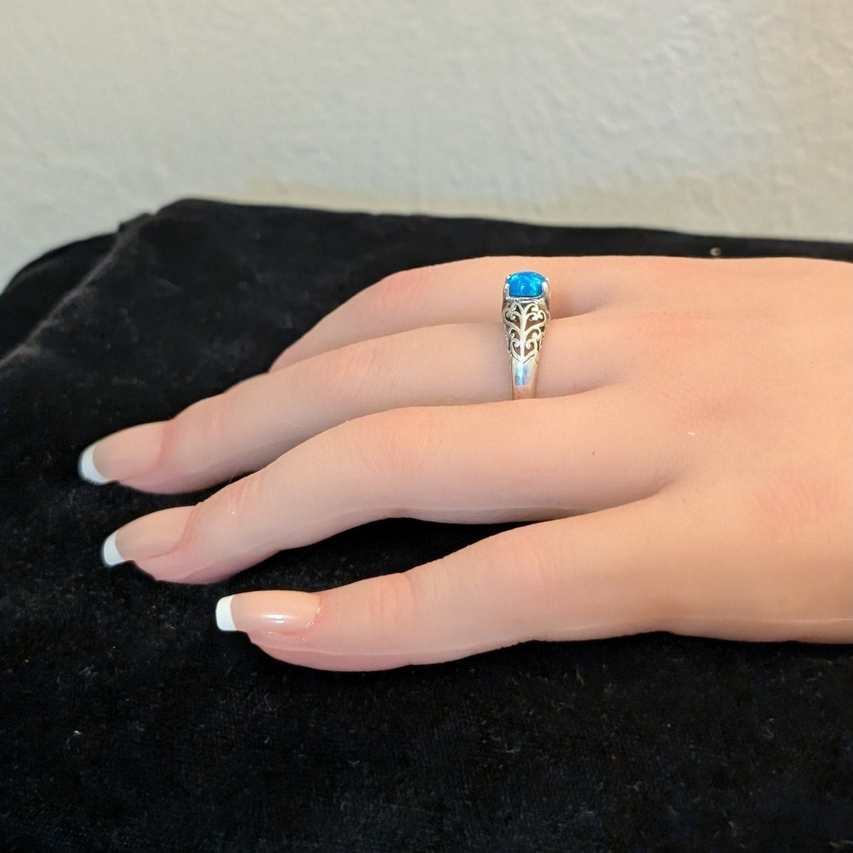 Brilliant Blue Opal Filigree 925 Sterling Silver MF Ring Size 8.5