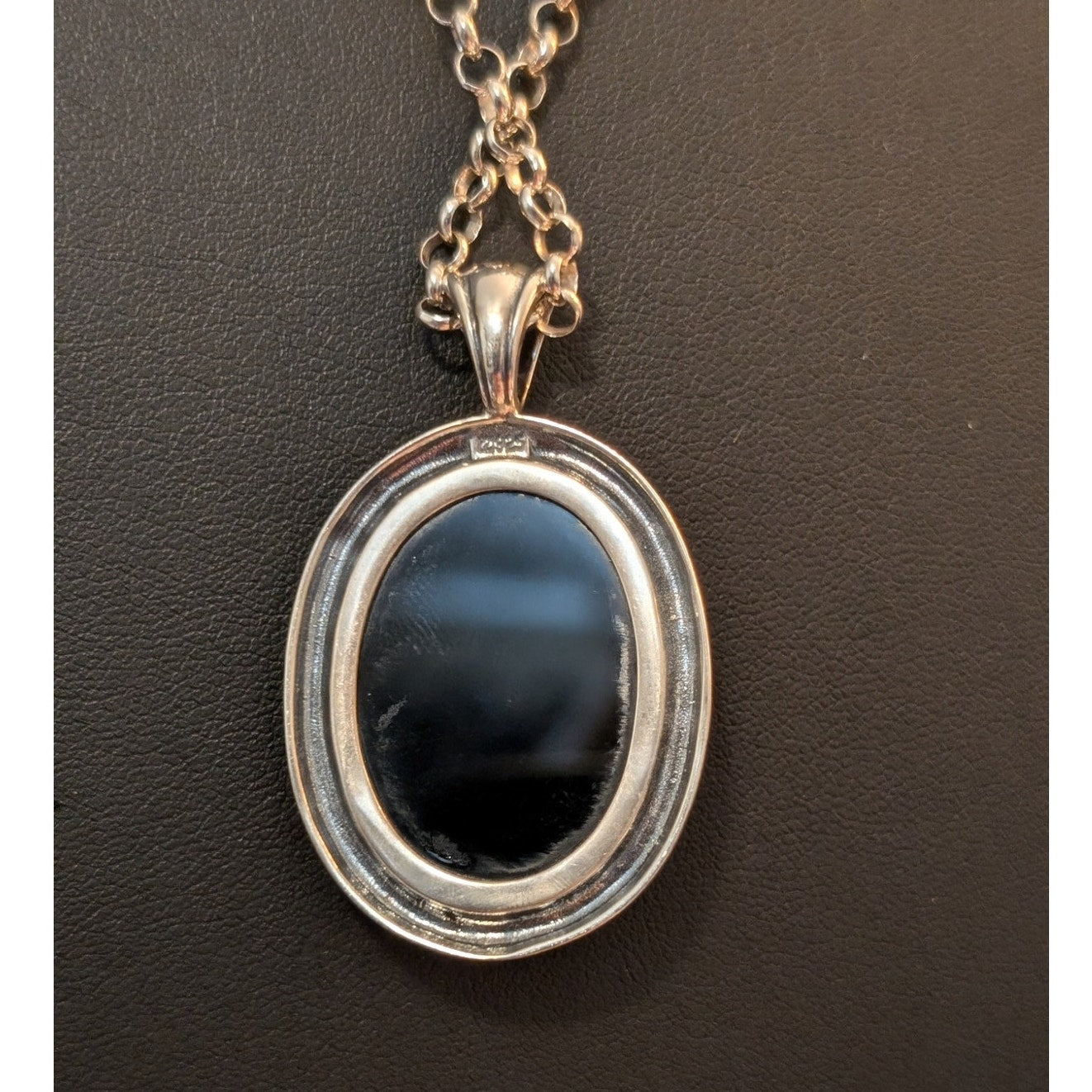 Large Black Stone 925 Sterling Silver Pendant 30" 925 Rolo Chain Necklace