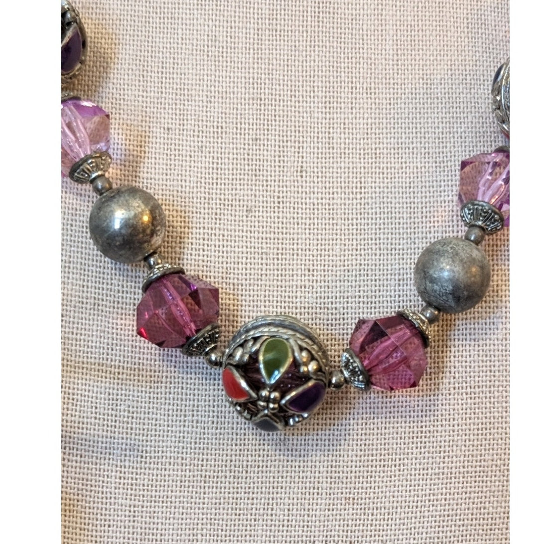 Purple Leather Corded Silvertone Enamel Fuschia Beaded Necklace & 1 Earring