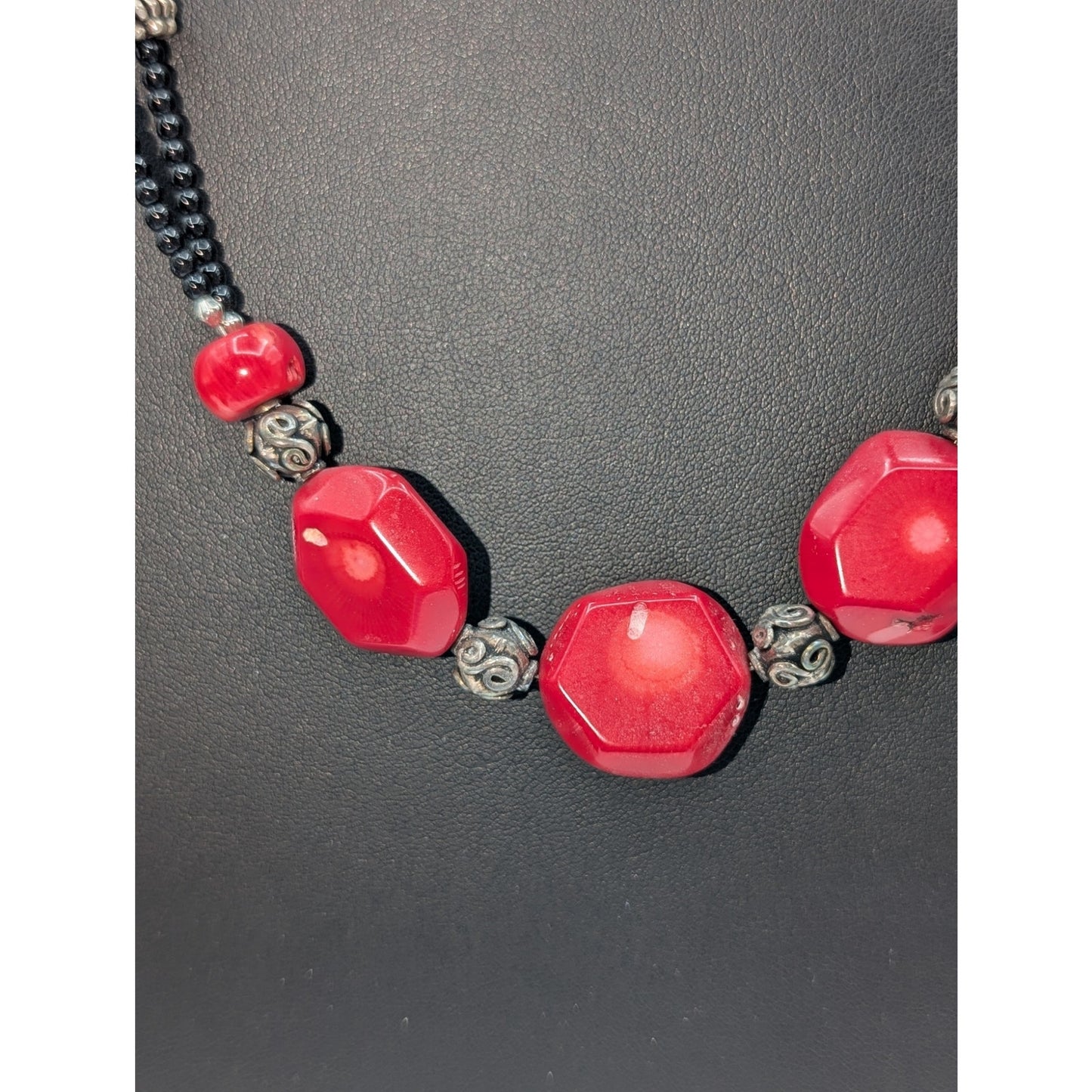 Heavy Coral Black Glass & Silver Beaded 925 Sterling Toggle Clasp 27.5" Necklace