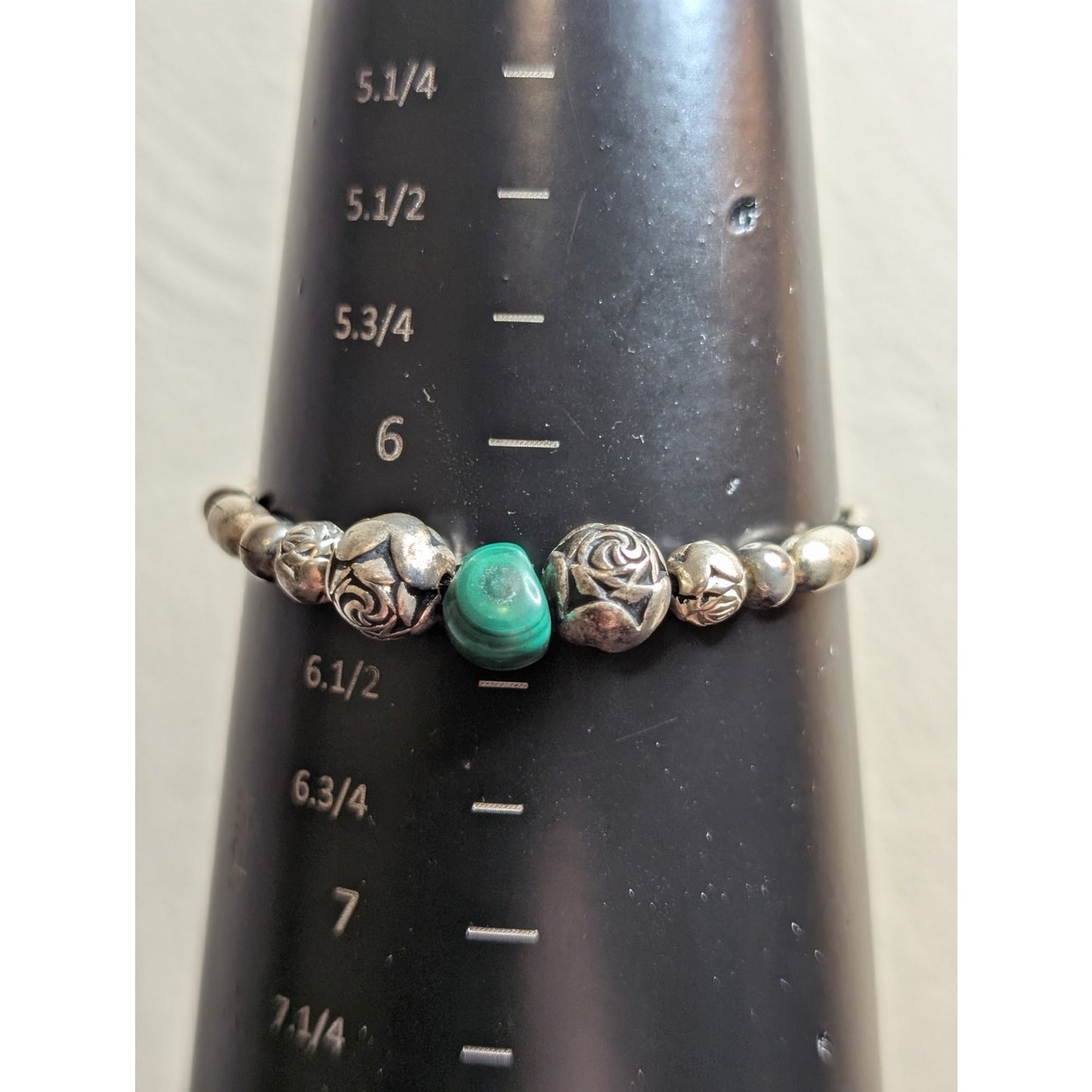 Vintage Liquid Silver Malachite Rose Bead Barrel Clasp Bracelet