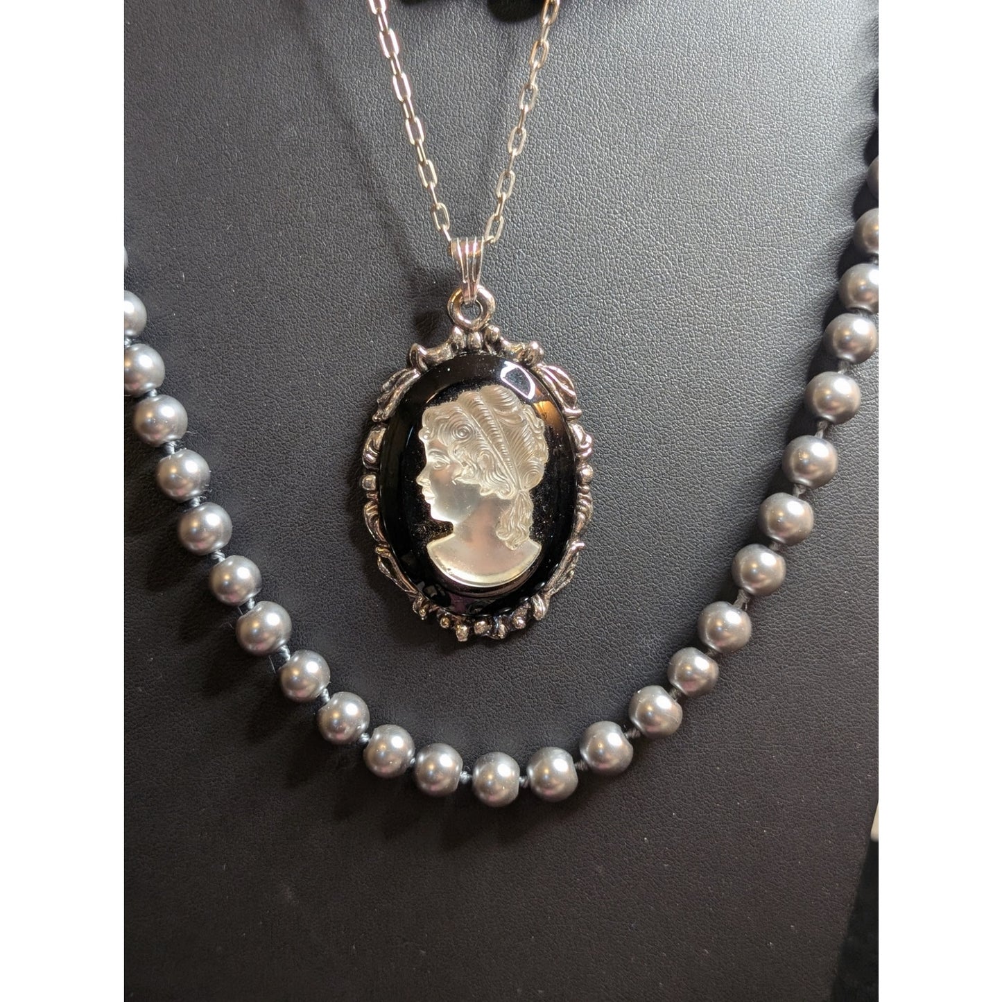 Layered Look Three Silver Pearl Cameo Silver Tone Themed Necklaces