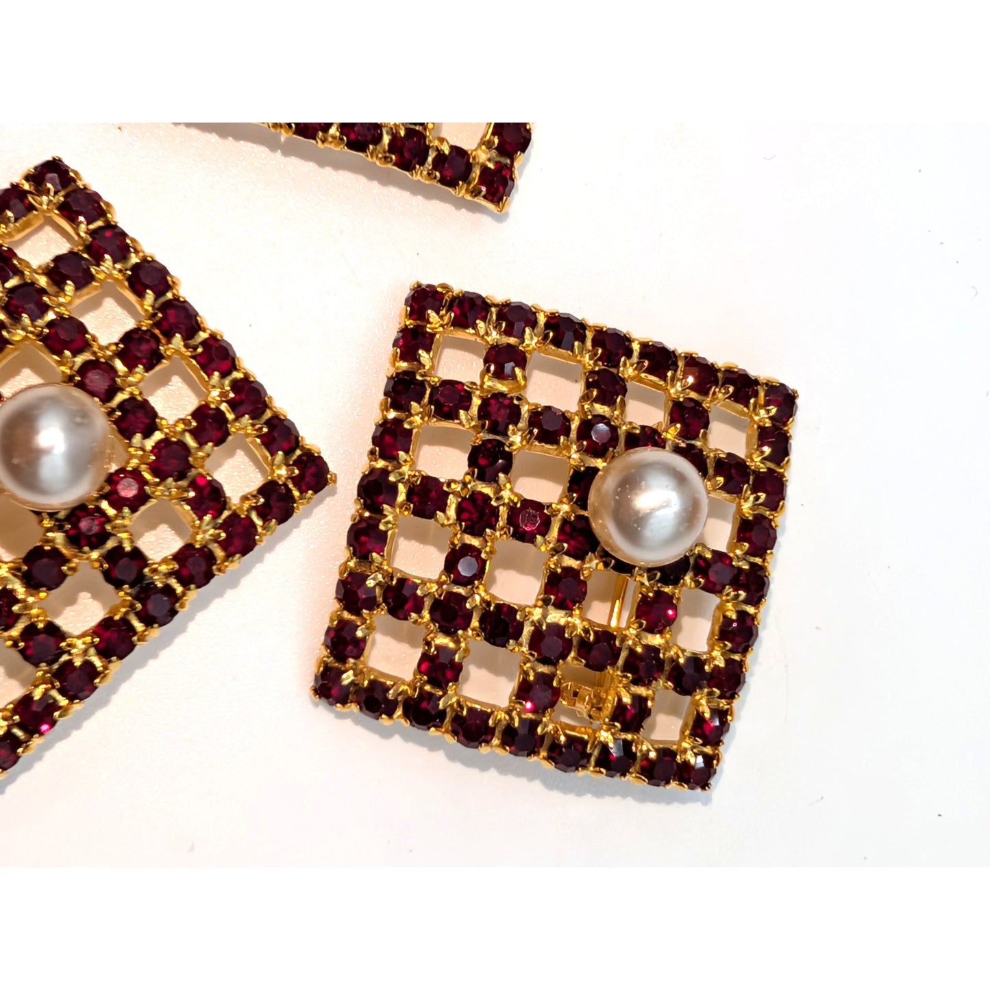 Lot of Three Vtg Gold Tone Red Crystal Lattice Square Floating Pearl Brooches