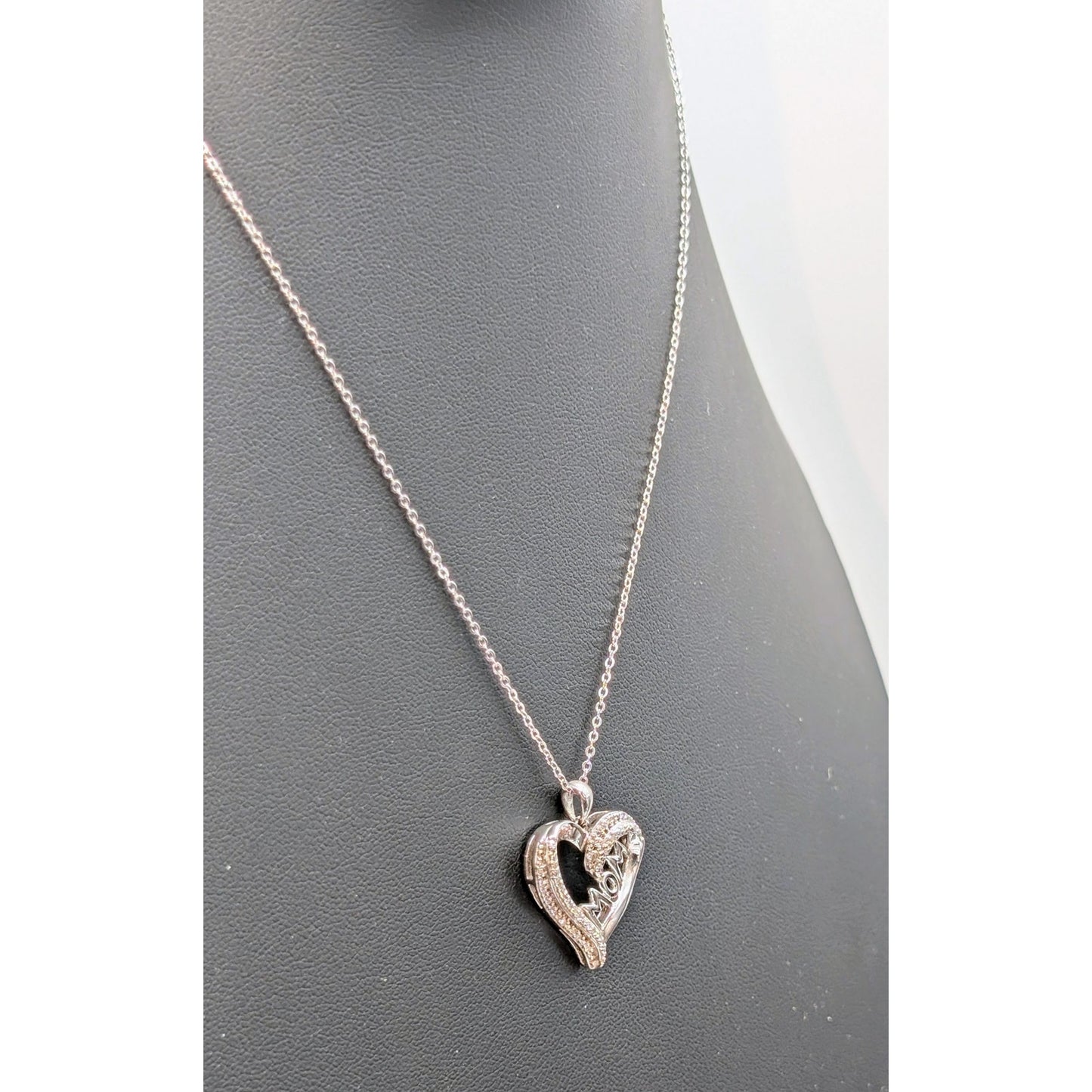 1/10 CT T.W. Diamond 'Mom' Heart 925 Sterling Silver Pendant 18" Chain Necklace