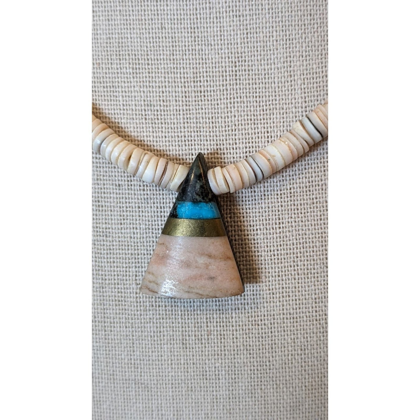 Vintage Native American Heishi Hook Closure Necklace W/ Triangular Inlay Pendant