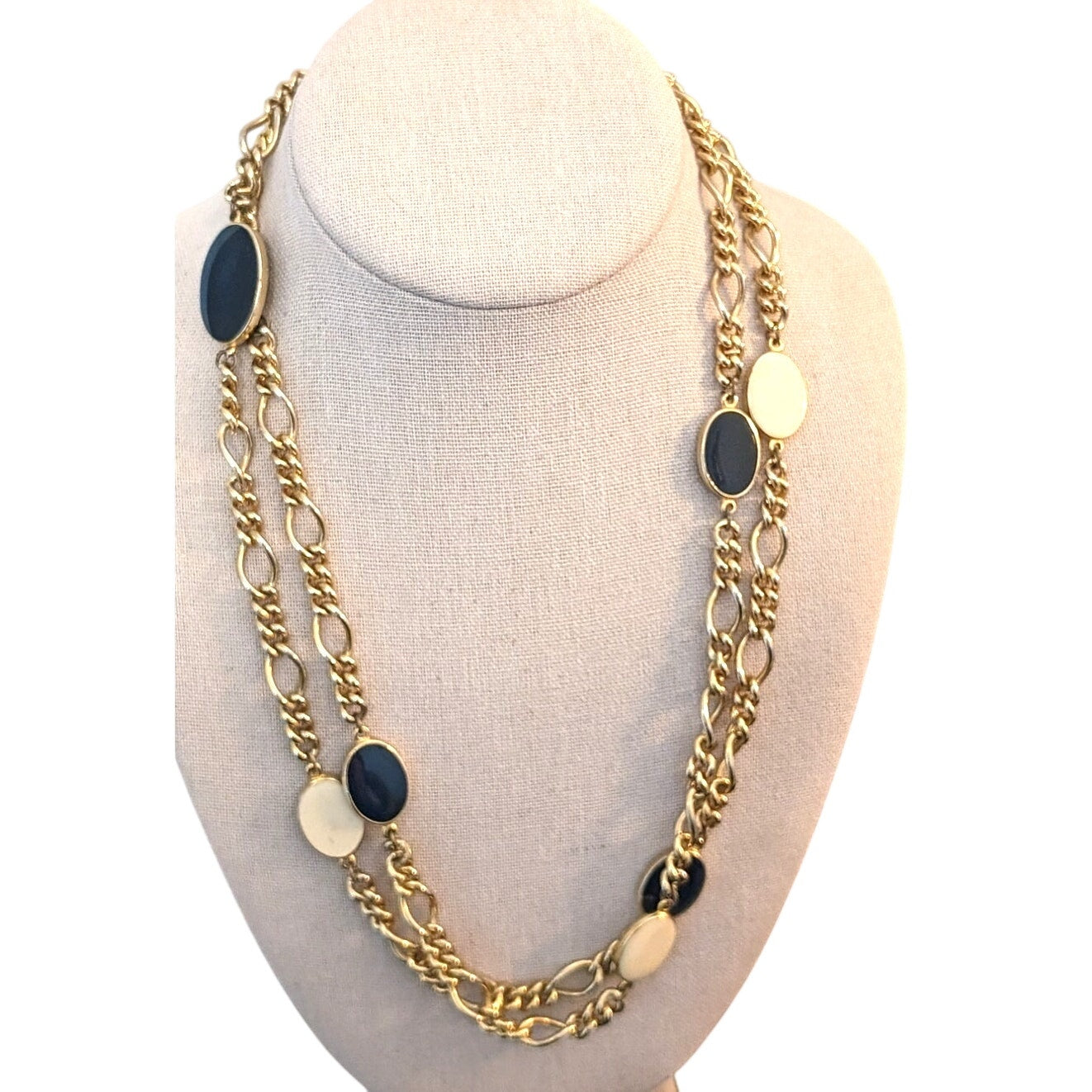 Vintage Gold Tone Chain W/ Navy & Cream Enamel Disk Stations 46" Necklace