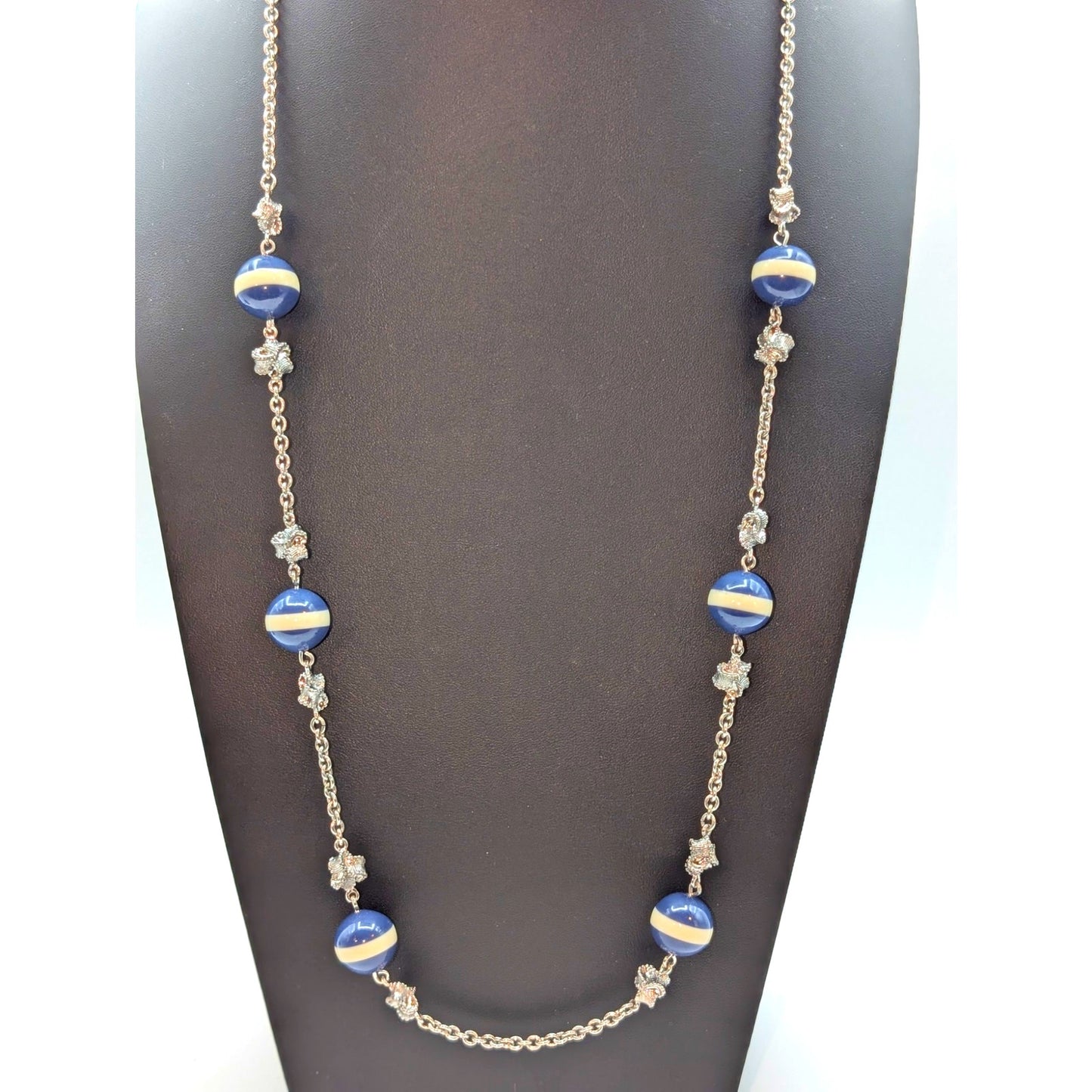 Talbot's Silver Tone Blue Strip & Ruffled Bow Bead Station 32" Necklace