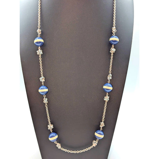 Talbot's Silver Tone Blue Strip & Ruffled Bow Bead Station 32" Necklace