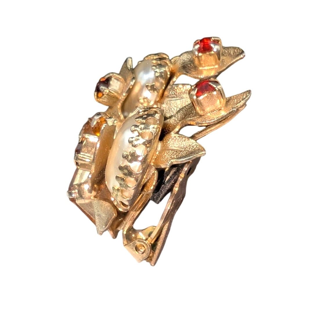 Vtg Unsigned Colors of Fall Rhinestone Faux Pearl 3D Gold Tone Clip On Earrings