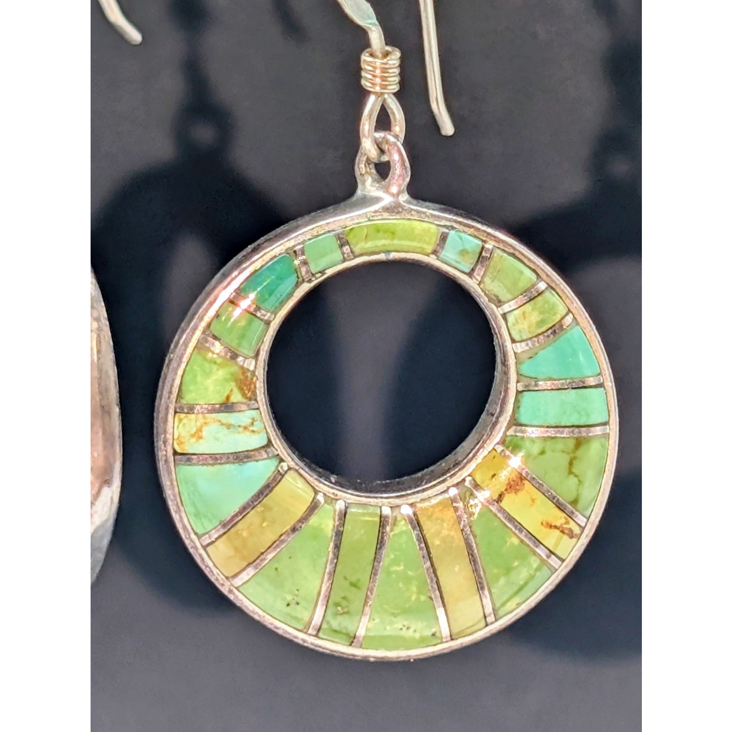 Vintage Signed M Sterling Silver Stone Inlay Southwest Donut Dangle Earrings