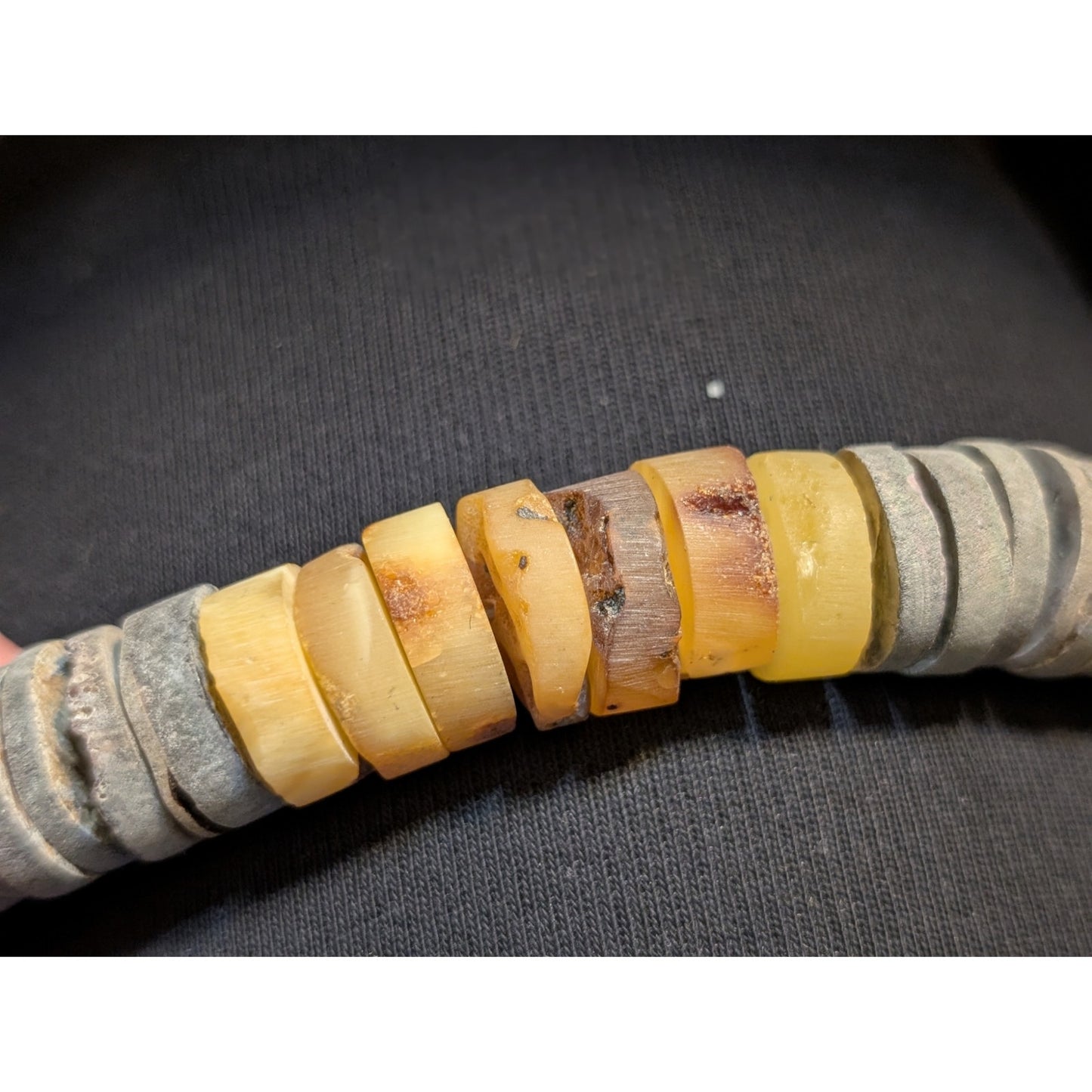 Bernsteinkette Muschel Amber Butterscotch Shell Gray Disk Bead Wire Necklace