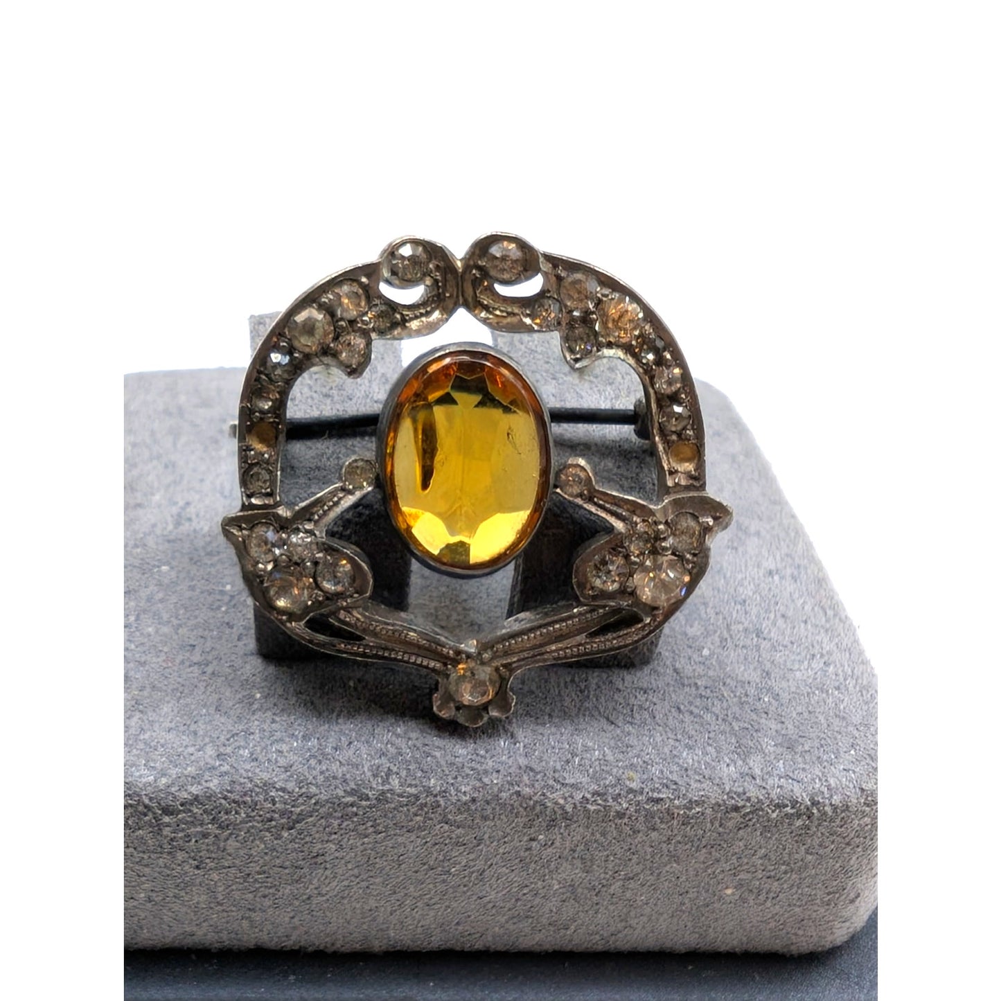 Antique Sterling Silver Citrine Glass Rhinestone/Paste Signed Brooch