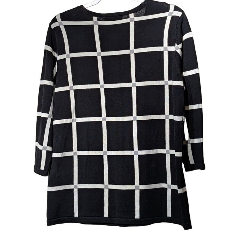 Coldwater Creek Black Cream Gray Plaid 3/4 Length Sleeve Cardigan Womens Sz L